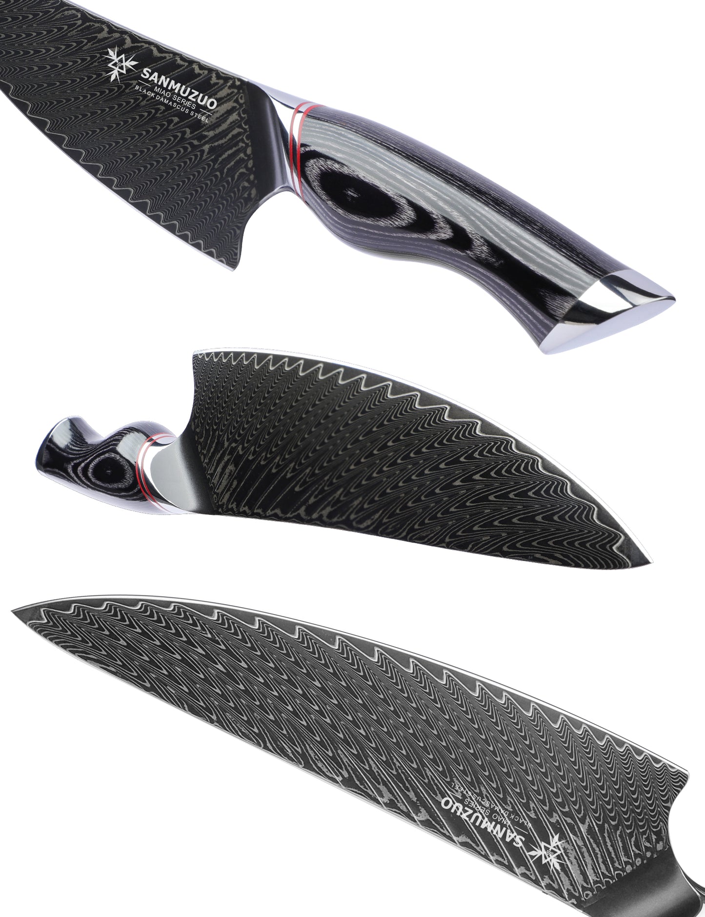 SANMUZUO Chef Knife 8 Inch - Professional Japanese Kitchen Knife - Black Damascus Steel with Ergonomic Handle - MIAO Series