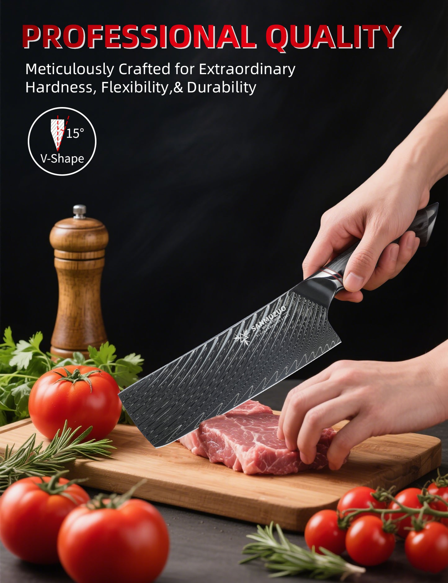 SANMUZUO Japanese 7" Nakiri Knife - Professional Kitchen Knives - Japanese Usuba Knife - Black Damascus Steel with Ergonomic Handle - MIAO Series