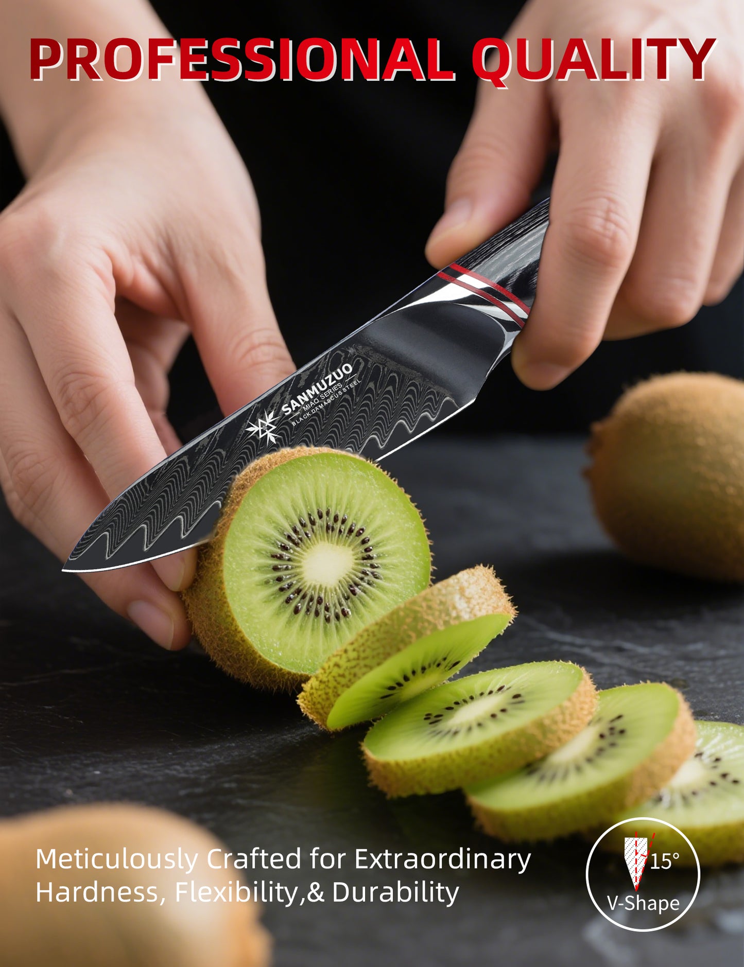 SANMUZUO 3.5 Inch Paring Knife - Fruit and Vegetable Peeling Knives, Black Damascus Steel with Ergonomic Handle - MIAO