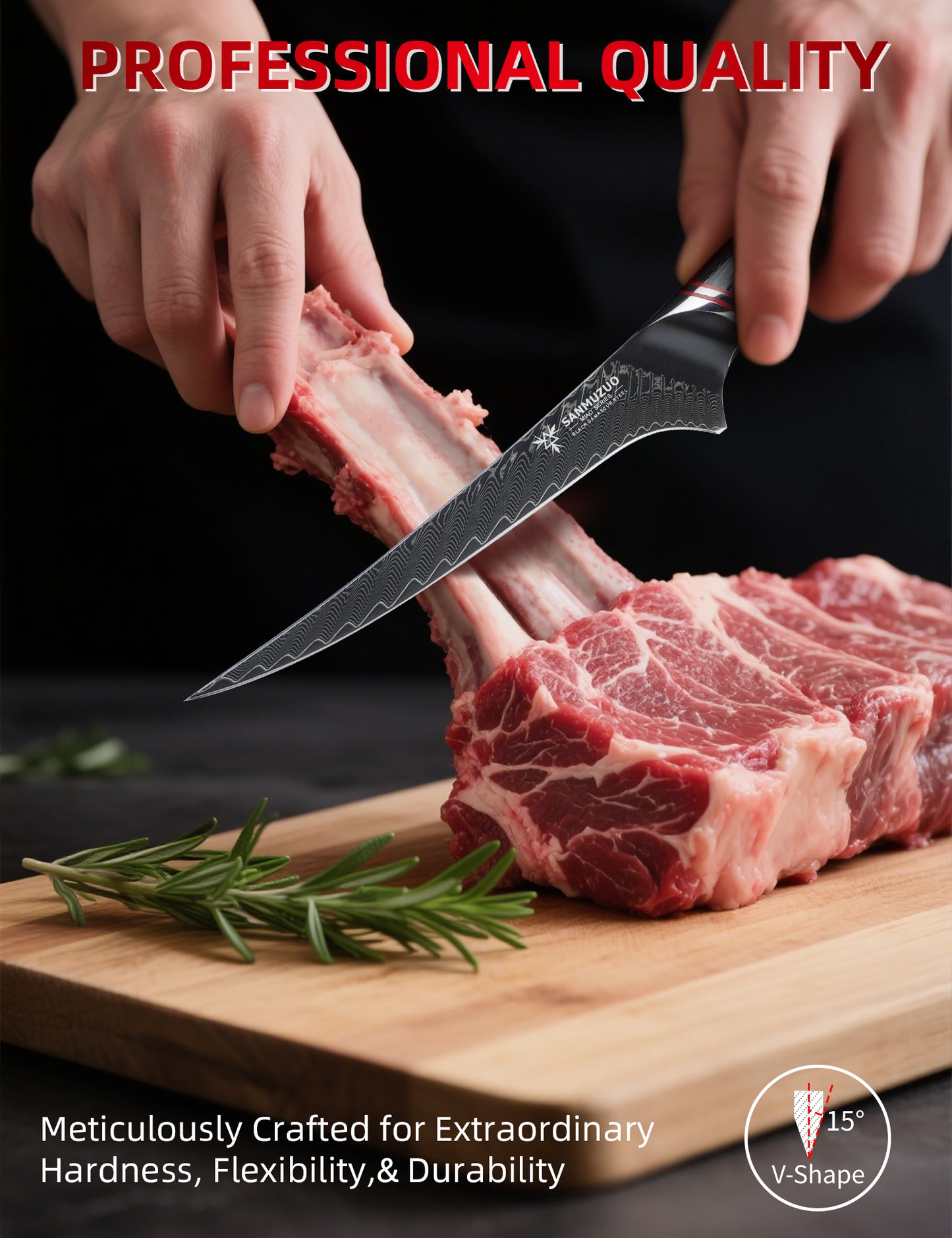 SANMUZUO 7 Inch Fillet Knife - Professional Kitchen Boning Knife - Black Damascus Steel with Ergonomic Handle - MIAO Series
