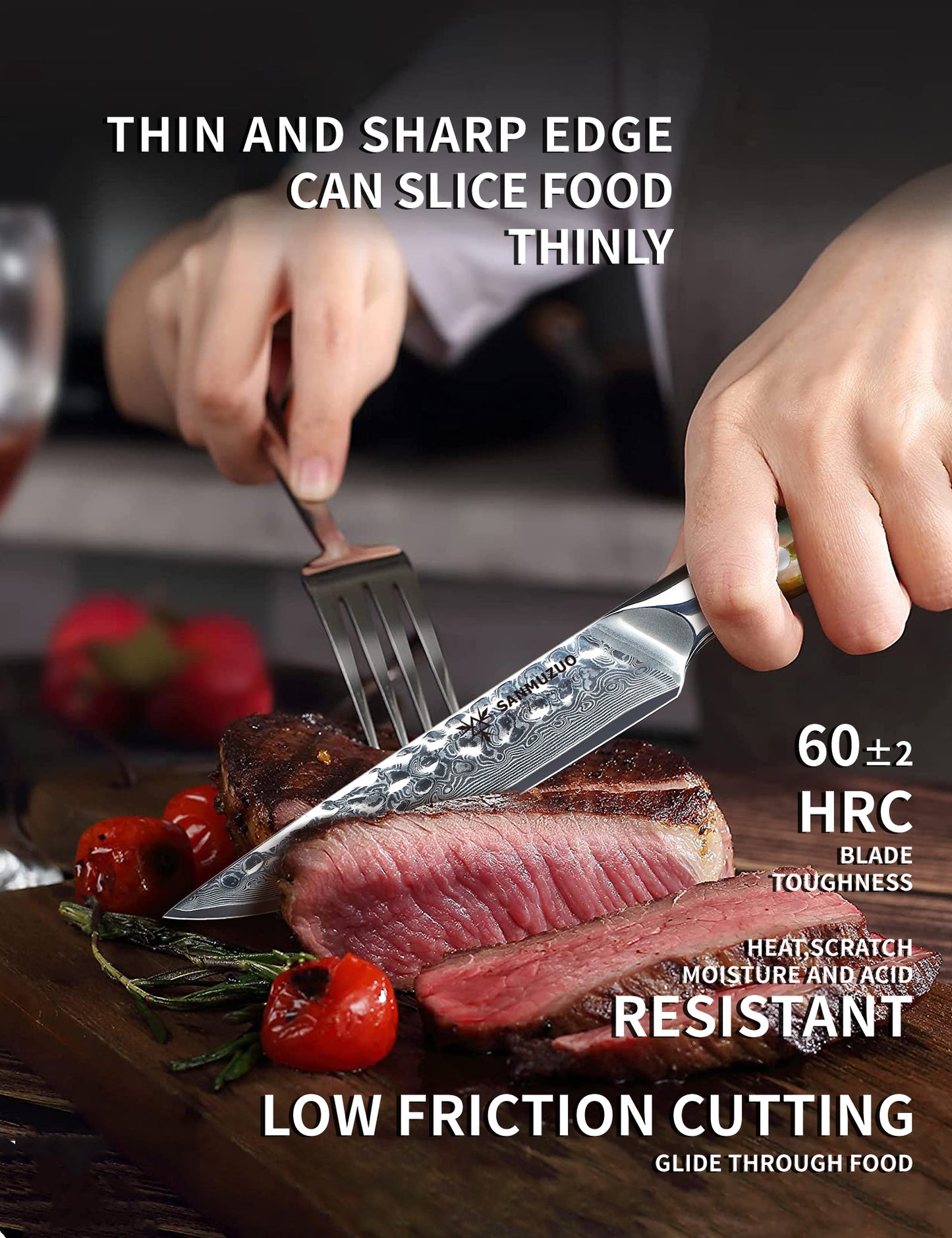 SANMUZUO Steak Knives Set of 4, Ultra Sharp Kitchen Steak Knife 5 Inch - Forged Damascus Steel & Resin Handle - Yao Series