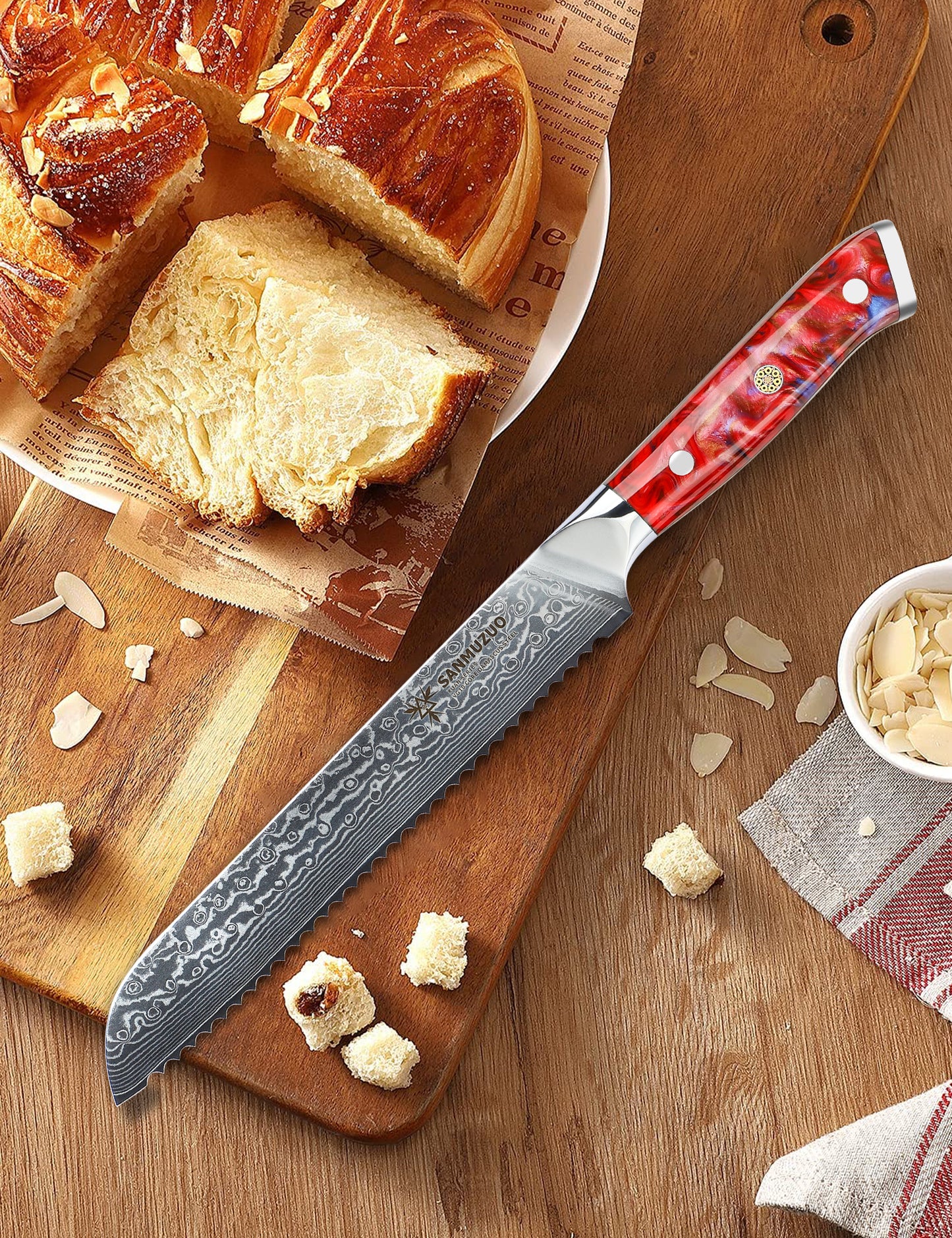 SANMUZUO 8” Bread Knife Serrated Kitchen Chef Knife - Damascus Steel & Resin Handle - Xuan Series