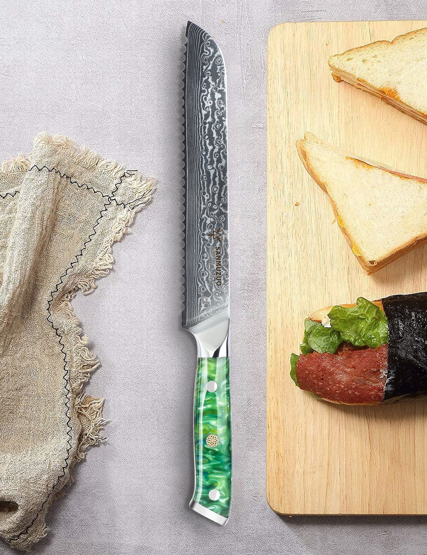 SANMUZUO 8” Bread Knife Serrated Kitchen Chef Knife - Damascus Steel & Resin Handle - Xuan Series