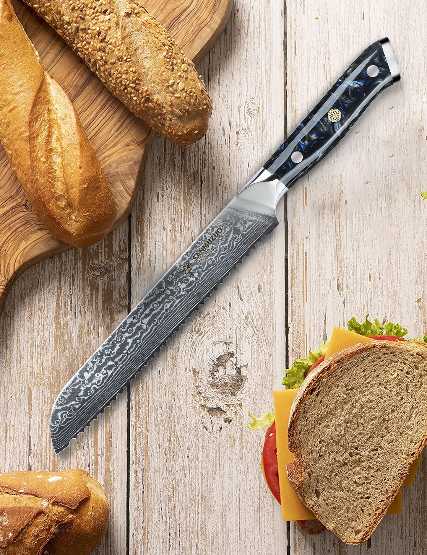 SANMUZUO 8” Bread Knife Serrated Kitchen Chef Knife - Damascus Steel & Resin Handle - Xuan Series