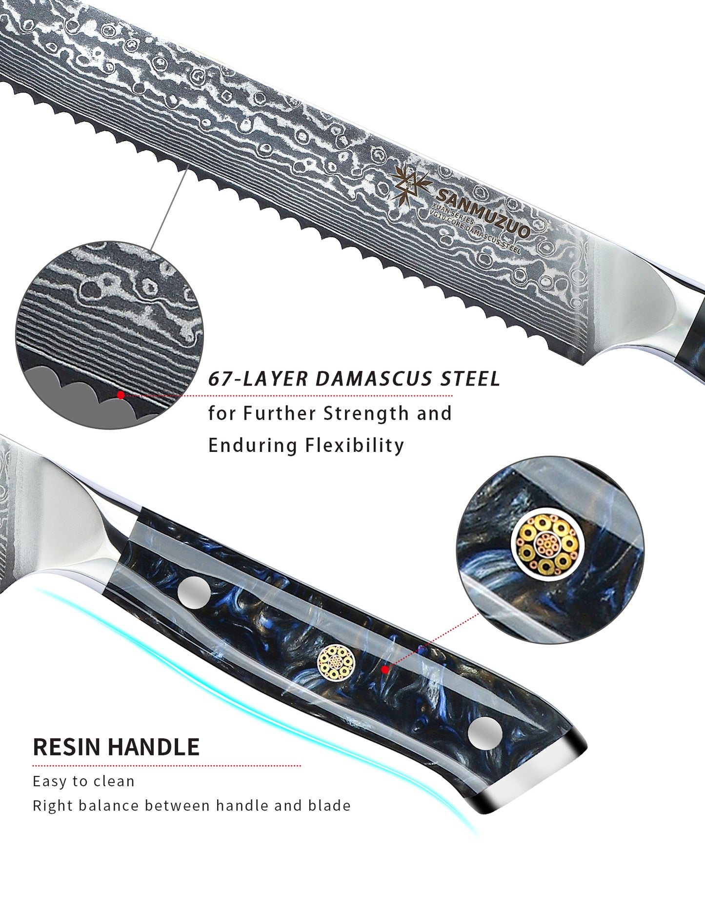 SANMUZUO 8” Bread Knife Serrated Kitchen Chef Knife - Damascus Steel & Resin Handle - Xuan Series
