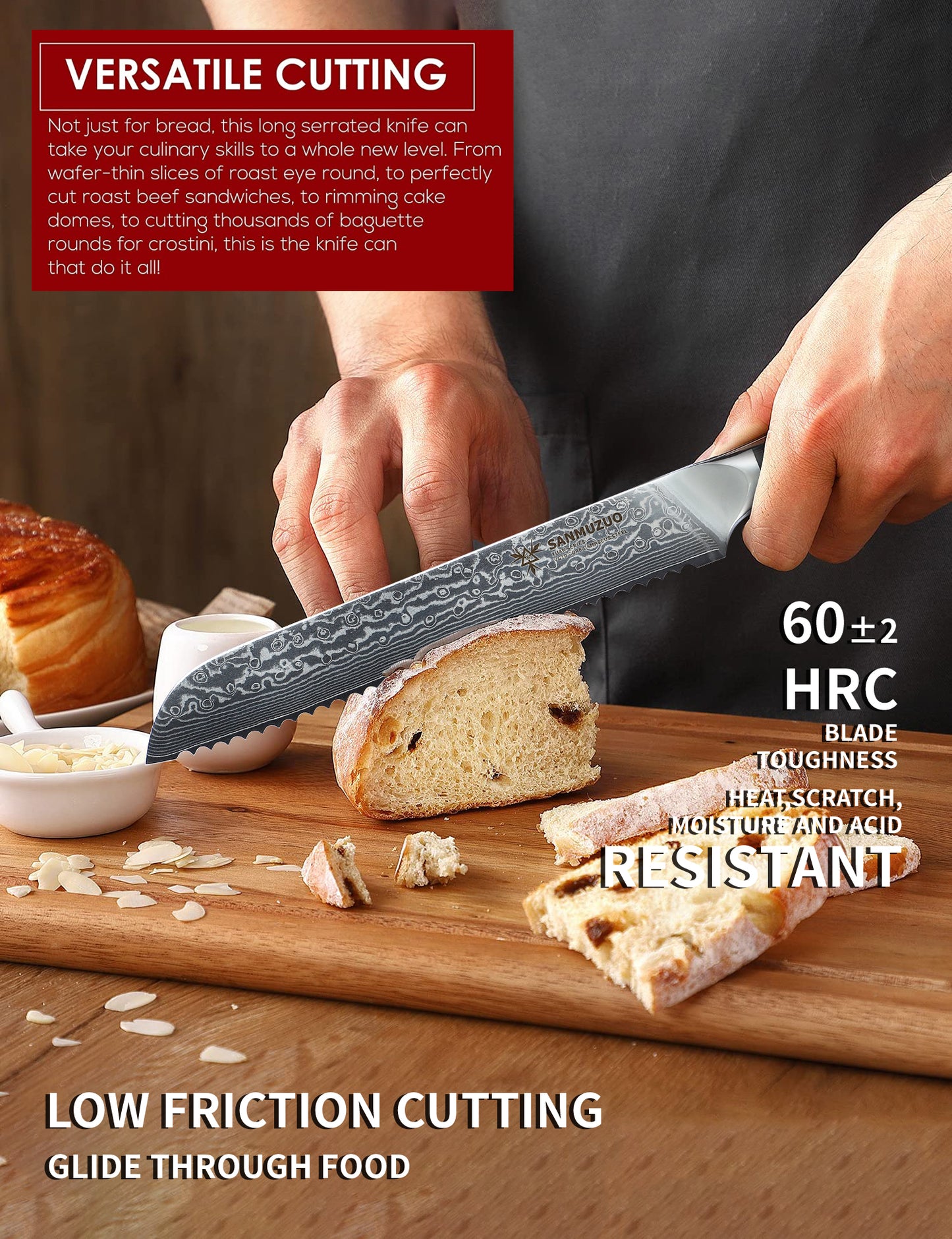 SANMUZUO 8” Bread Knife Serrated Kitchen Chef Knife - Damascus Steel & Resin Handle - Xuan Series