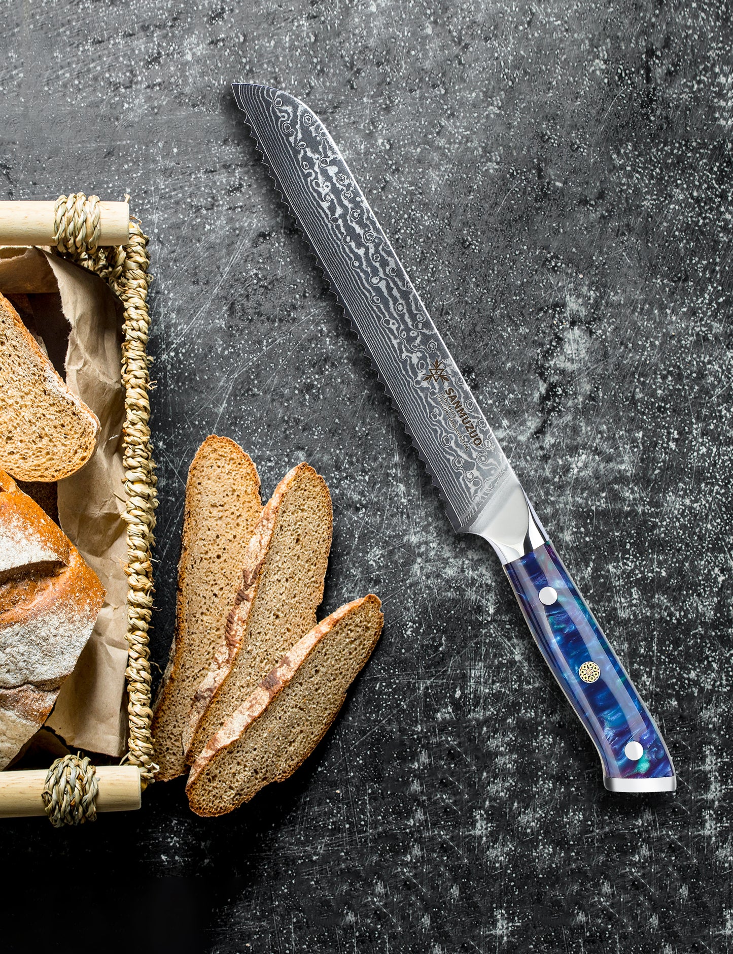 SANMUZUO 8” Bread Knife Serrated Kitchen Chef Knife - Damascus Steel & Resin Handle - Xuan Series