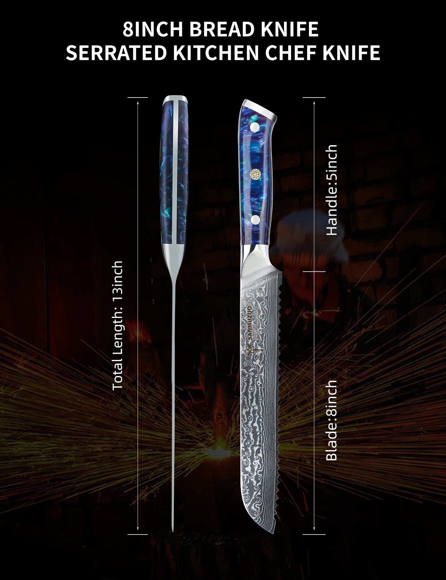 SANMUZUO 8” Bread Knife Serrated Kitchen Chef Knife - Damascus Steel & Resin Handle - Xuan Series