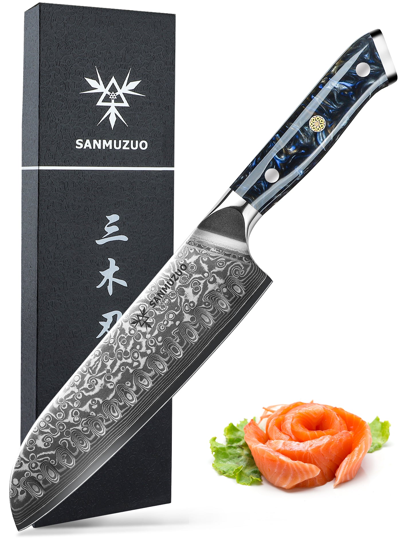 SANMUZUO Santoku Knife - 7 inch - Xuan Series - VG10 Damascus Steel Kitchen Knife - Resin Handle