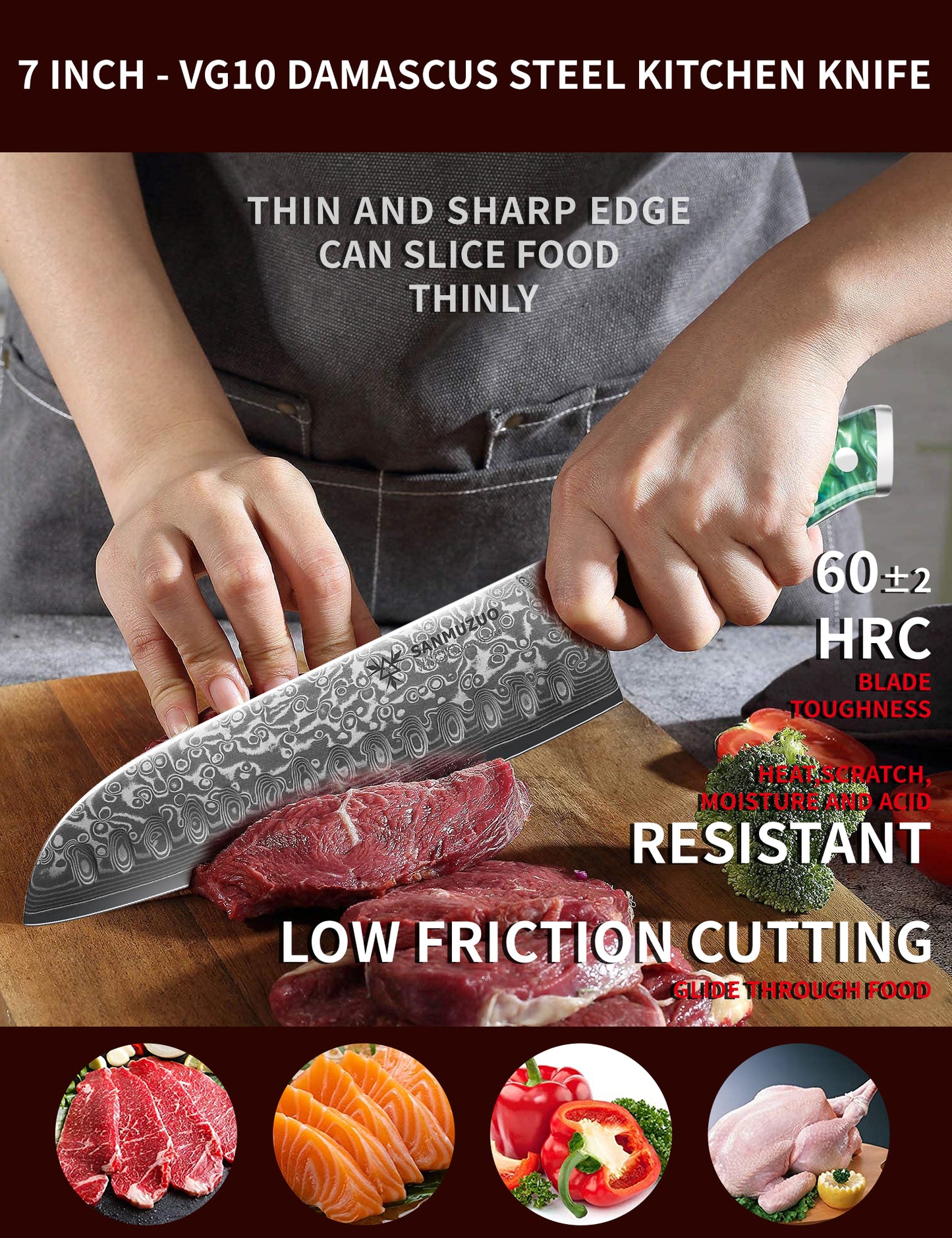 SANMUZUO Santoku Knife - 7 inch - Xuan Series - VG10 Damascus Steel Kitchen Knife - Resin Handle
