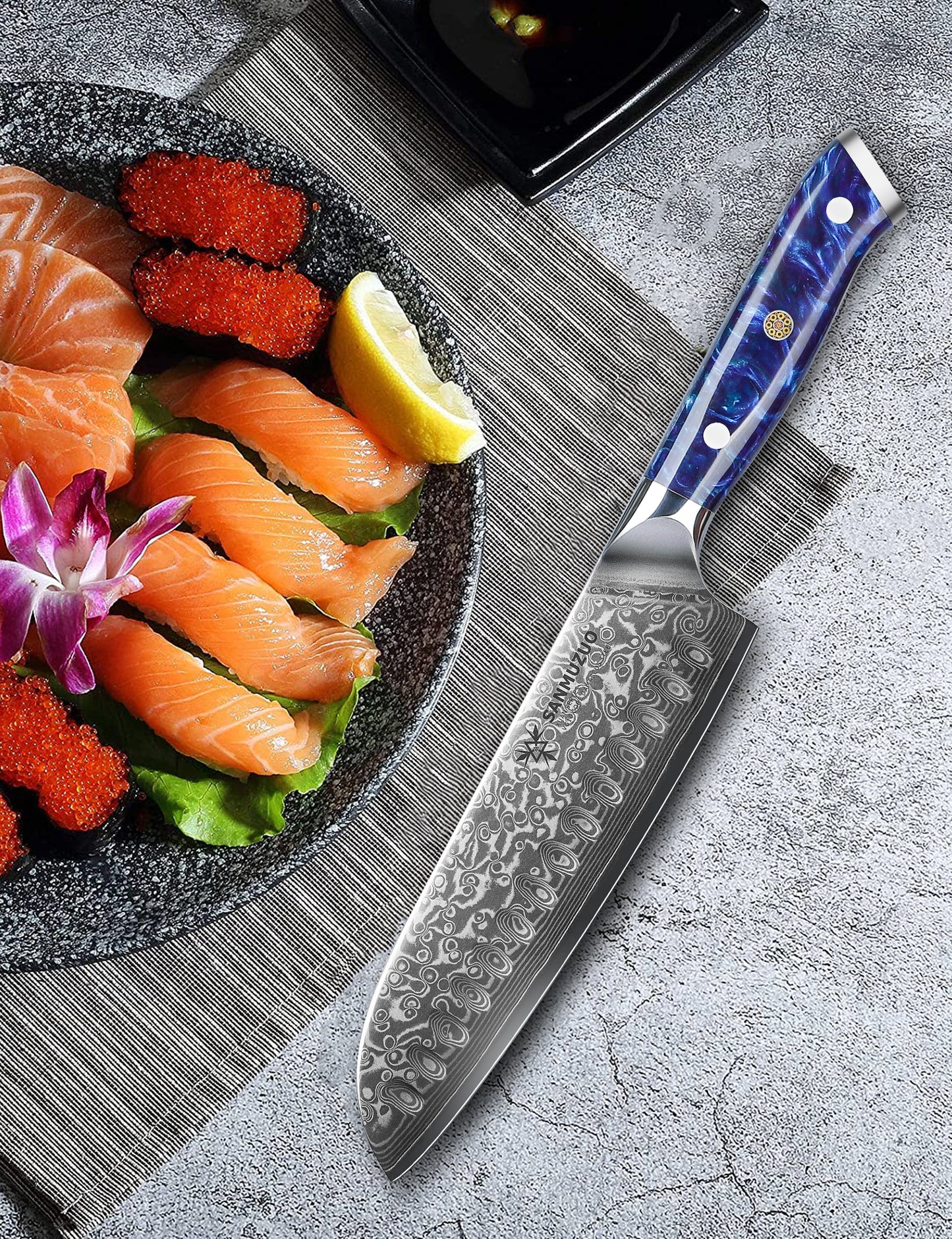 SANMUZUO Santoku Knife - 7 inch - Xuan Series - VG10 Damascus Steel Kitchen Knife - Resin Handle