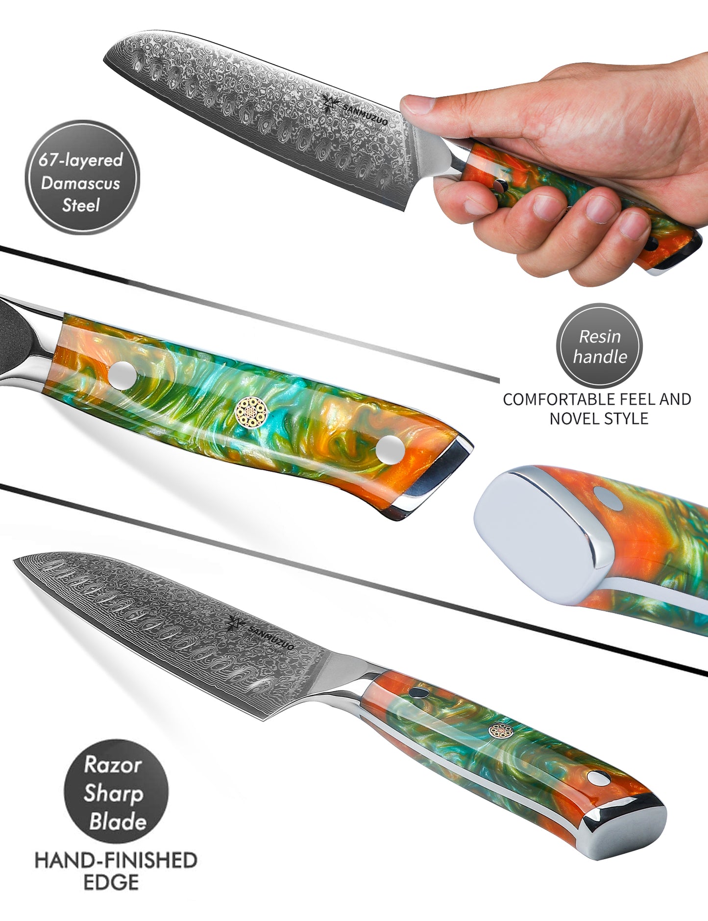 SANMUZUO Santoku Knife - 7 inch - Xuan Series - VG10 Damascus Steel Kitchen Knife - Resin Handle