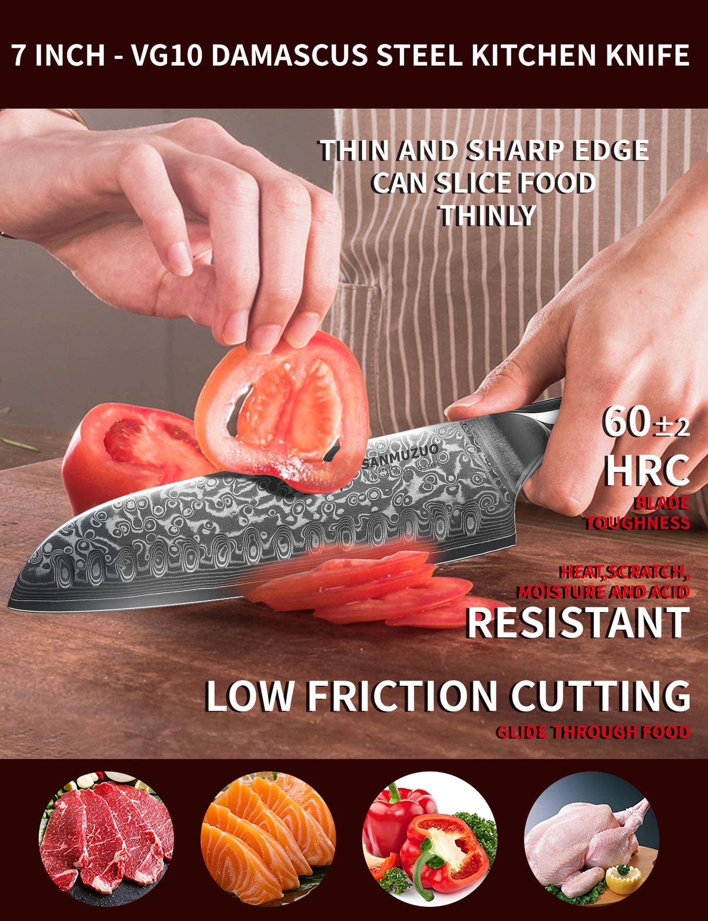 SANMUZUO Santoku Knife - 7 inch - Xuan Series - VG10 Damascus Steel Kitchen Knife - Resin Handle