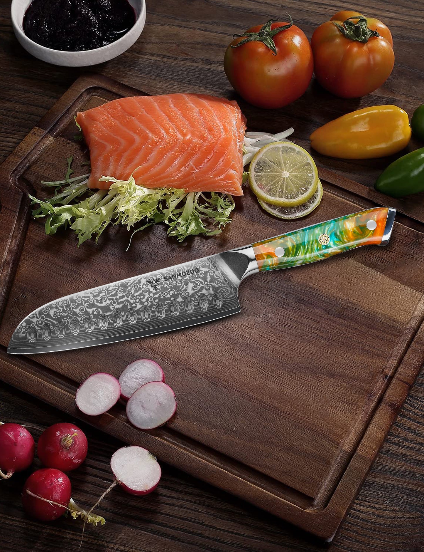 SANMUZUO Santoku Knife - 7 inch - Xuan Series - VG10 Damascus Steel Kitchen Knife - Resin Handle