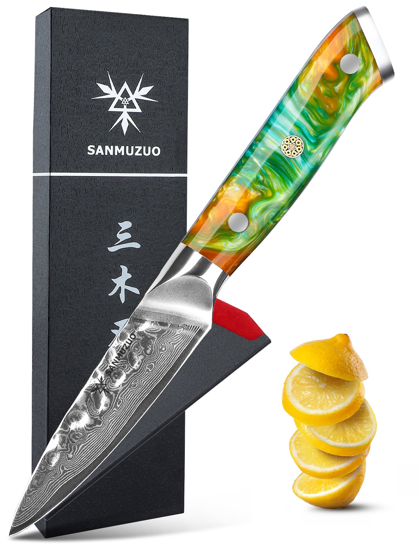 SANMUZUO 3.5 Inch Paring Knife - Fruit and Vegetable Peeling Knives, Forged Damascus Steel & Resin Handle - Yao Series