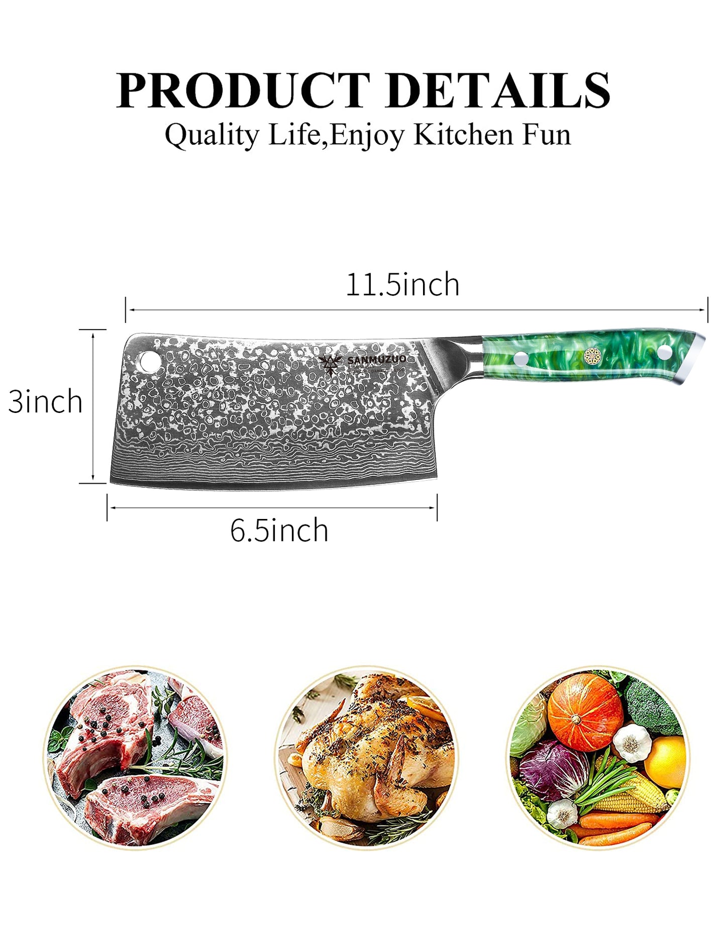 SANMUZUO Chopping Knife - 7 inch Cleaver Knife- Xuan Series - VG10 Damascus Steel Kitchen Knife - Resin Handle