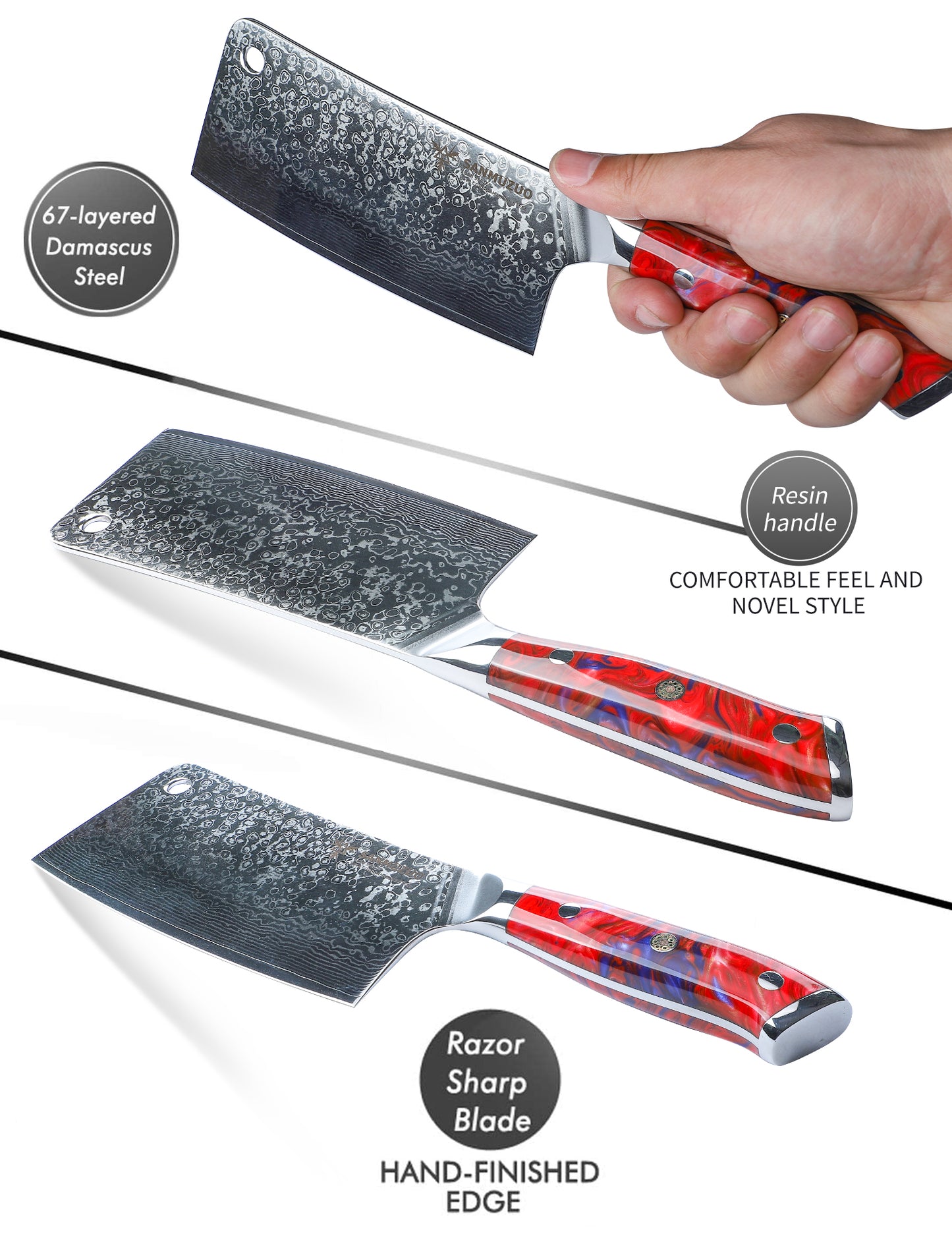 SANMUZUO Chopping Knife - 7 inch Cleaver Knife- Xuan Series - VG10 Damascus Steel Kitchen Knife - Resin Handle