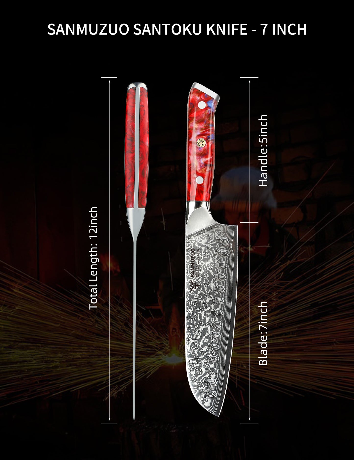 SANMUZUO Santoku Knife - 7 inch - Xuan Series - VG10 Damascus Steel Kitchen Knife - Resin Handle