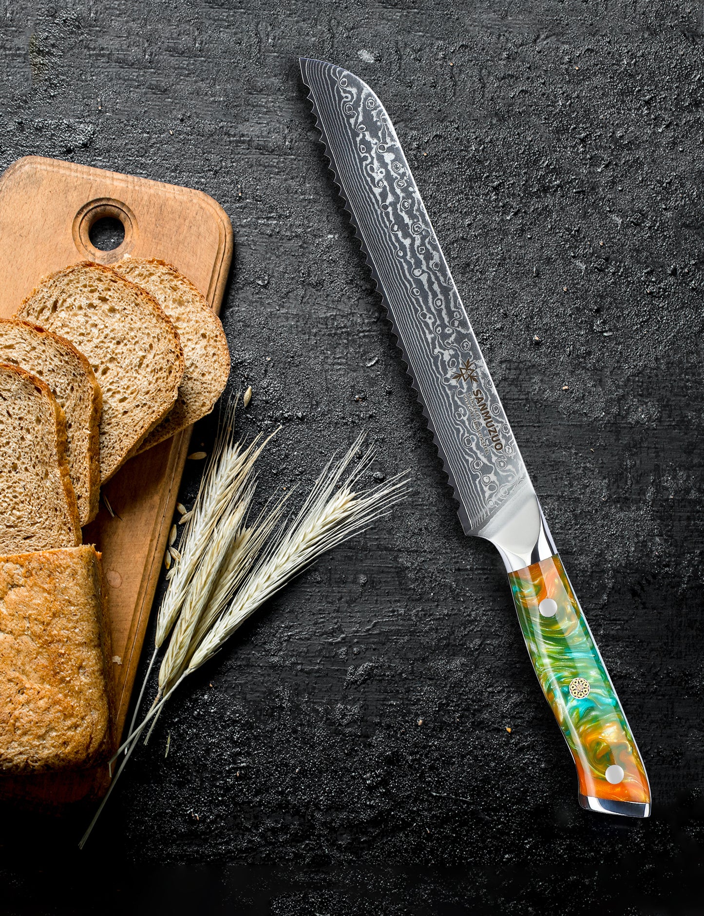 SANMUZUO 8” Bread Knife Serrated Kitchen Chef Knife - Damascus Steel & Resin Handle - Xuan Series