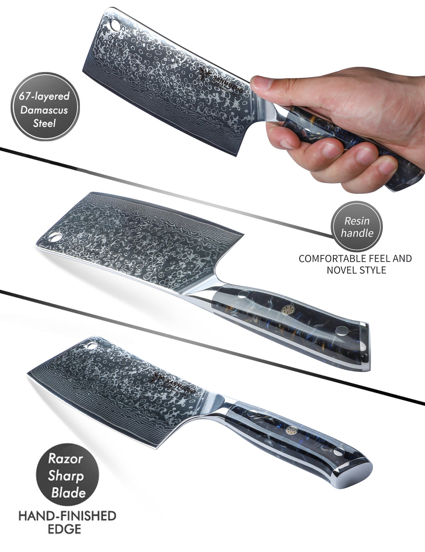 SANMUZUO Chopping Knife - 7 inch Cleaver Knife- Xuan Series - VG10 Damascus Steel Kitchen Knife - Resin Handle
