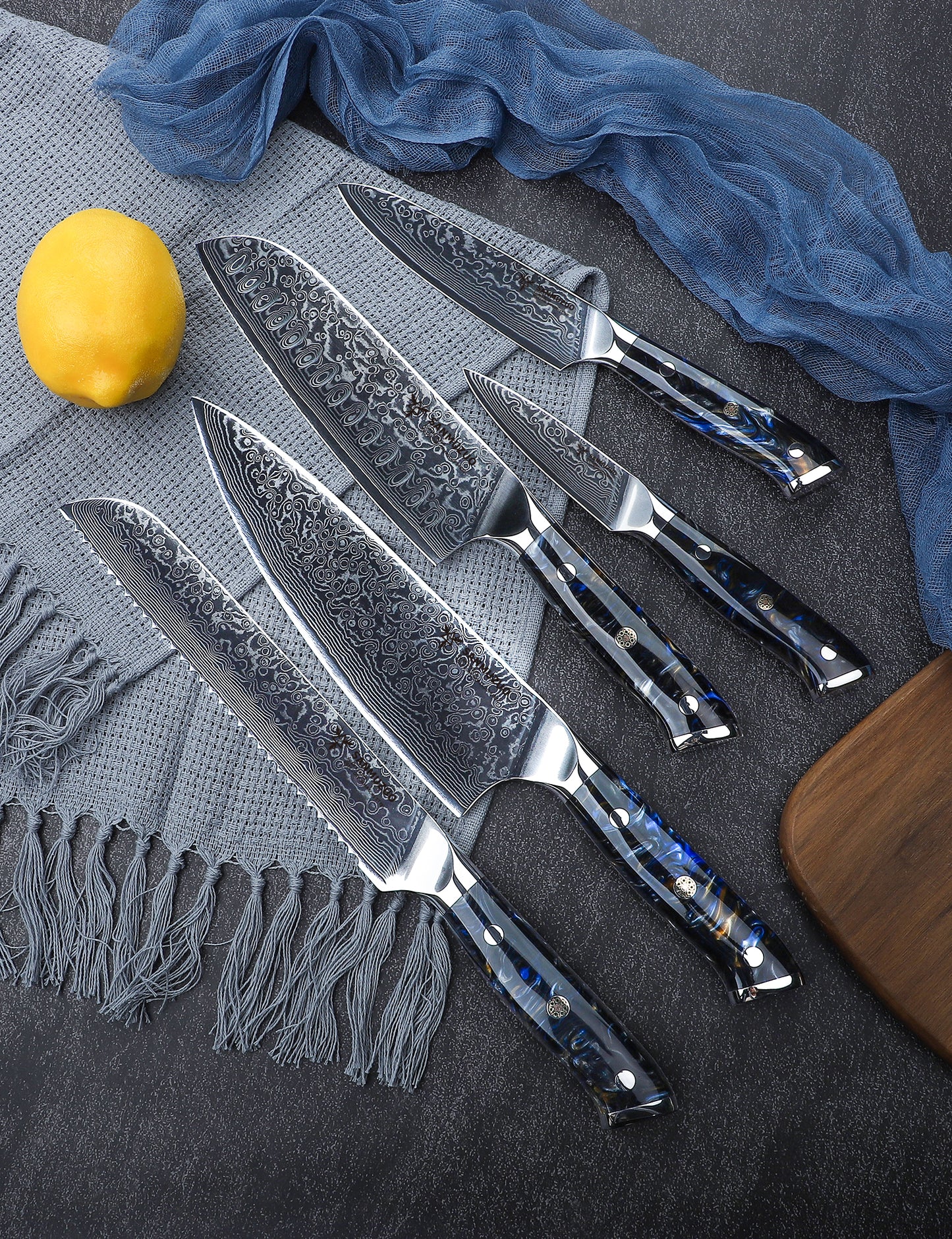 SANMUZUO Chef Cooking Knives Set- Kitchen Knife Set of 5 Piece - Ultra-Sharp VG10 Damascus Steel & Resin Handle - Xuan Series