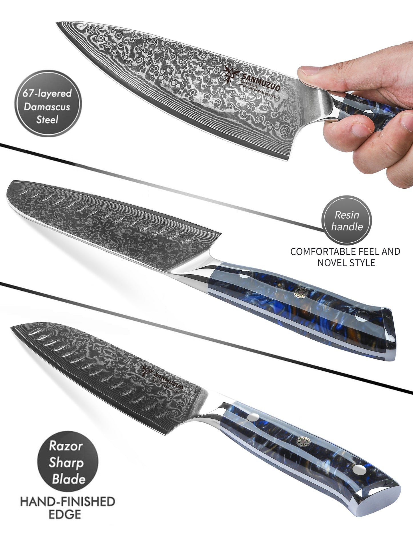 SANMUZUO Chef Cooking Knives Set- Kitchen Knife Set of 5 Piece - Ultra-Sharp VG10 Damascus Steel & Resin Handle - Xuan Series