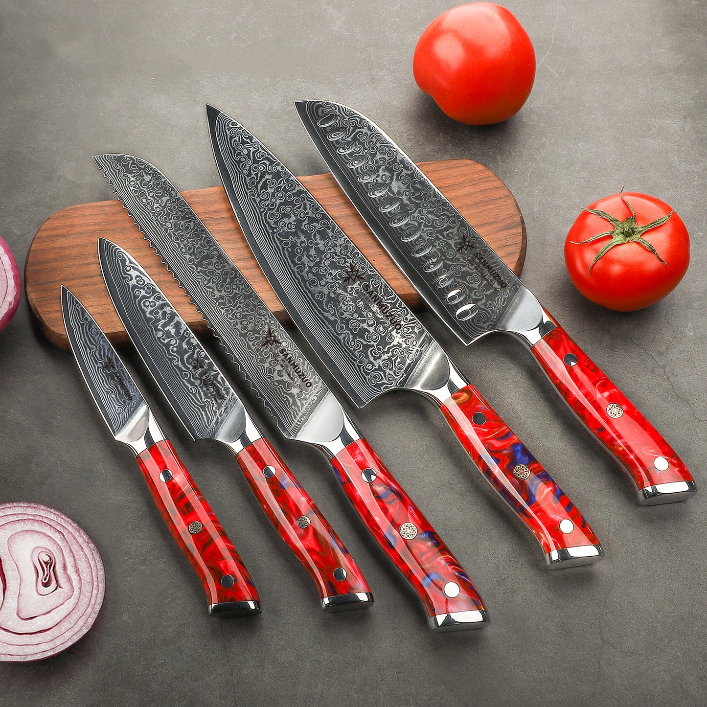 SANMUZUO Chef Cooking Knives Set- Kitchen Knife Set of 5 Piece - Ultra-Sharp VG10 Damascus Steel & Resin Handle - Xuan Series