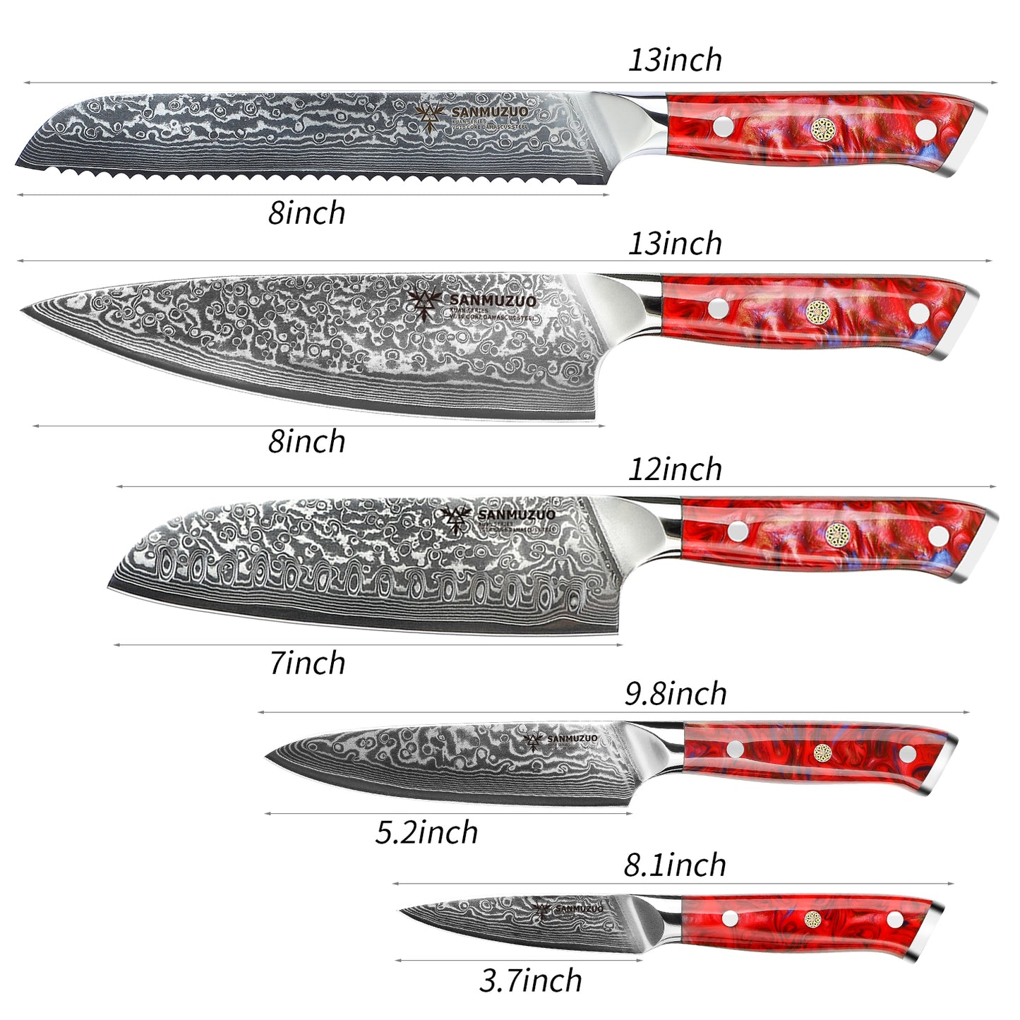 SANMUZUO Chef Cooking Knives Set- Kitchen Knife Set of 5 Piece - Ultra-Sharp VG10 Damascus Steel & Resin Handle - Xuan Series