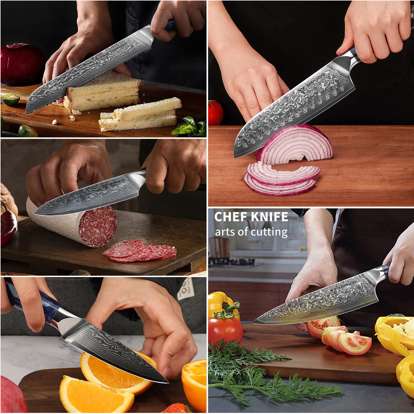 SANMUZUO Chef Cooking Knives Set- Kitchen Knife Set of 5 Piece - Ultra-Sharp VG10 Damascus Steel & Resin Handle - Xuan Series