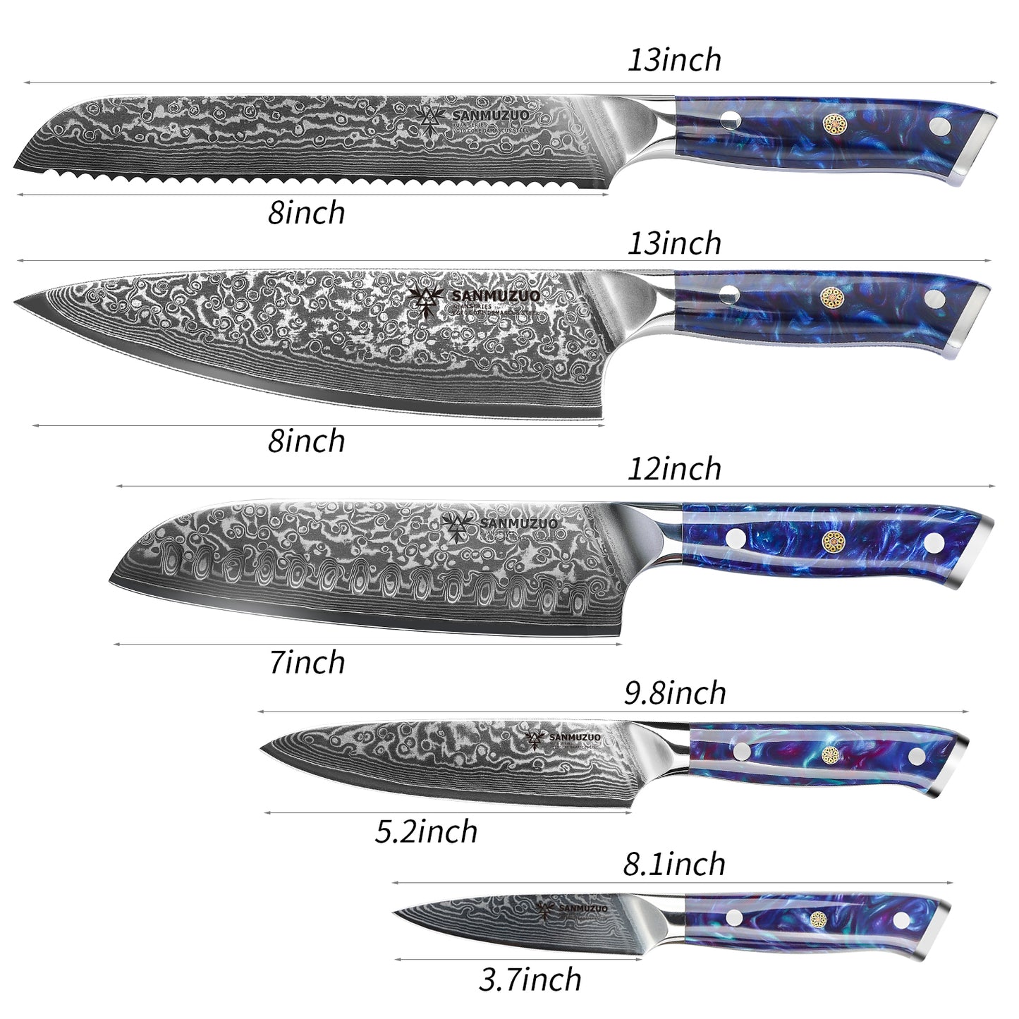 SANMUZUO Chef Cooking Knives Set- Kitchen Knife Set of 5 Piece - Ultra-Sharp VG10 Damascus Steel & Resin Handle - Xuan Series
