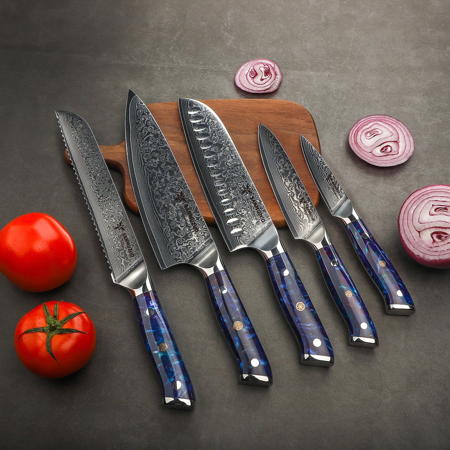 SANMUZUO Chef Cooking Knives Set- Kitchen Knife Set of 5 Piece - Ultra-Sharp VG10 Damascus Steel & Resin Handle - Xuan Series