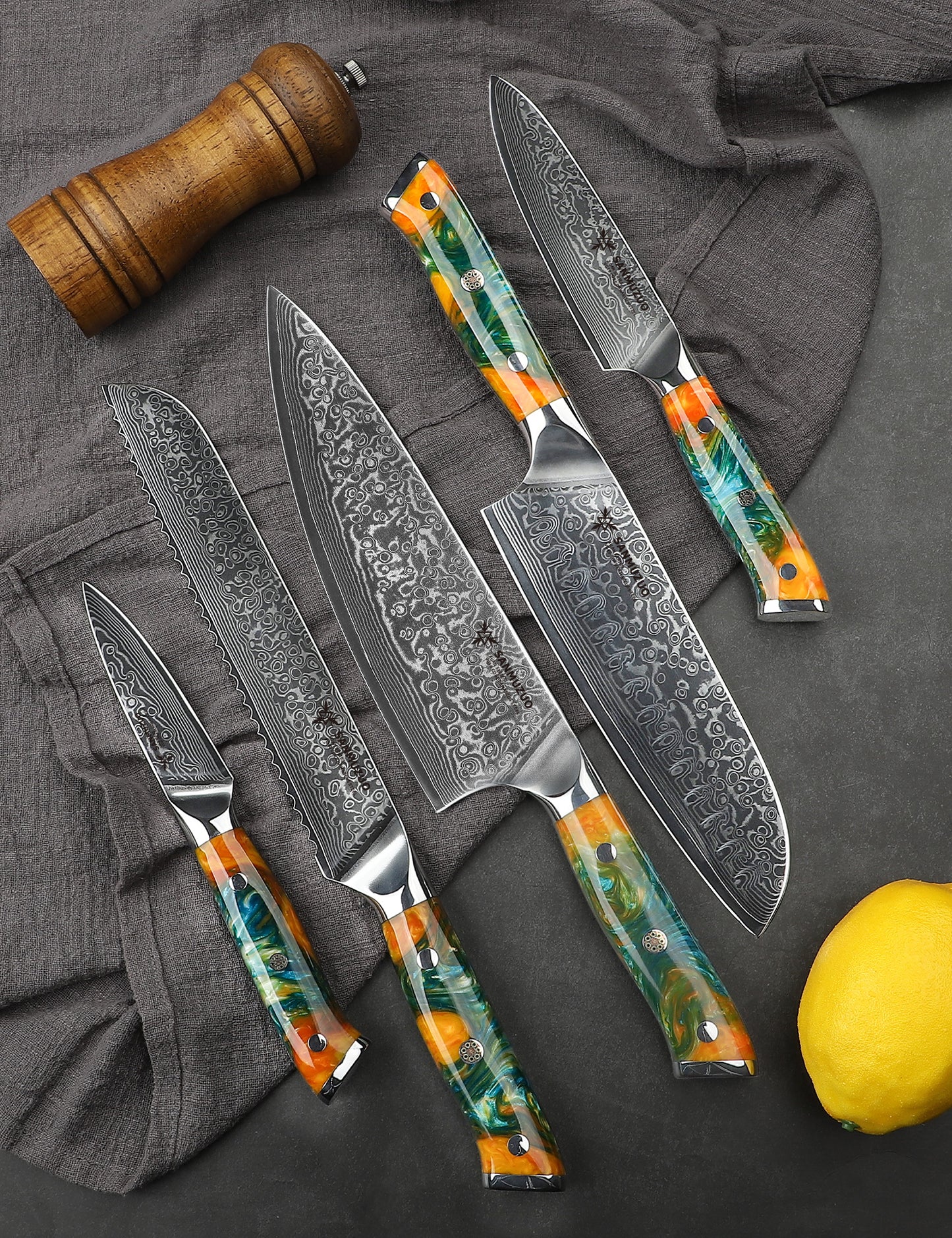 SANMUZUO Chef Cooking Knives Set- Kitchen Knife Set of 5 Piece - Ultra-Sharp VG10 Damascus Steel & Resin Handle - Xuan Series