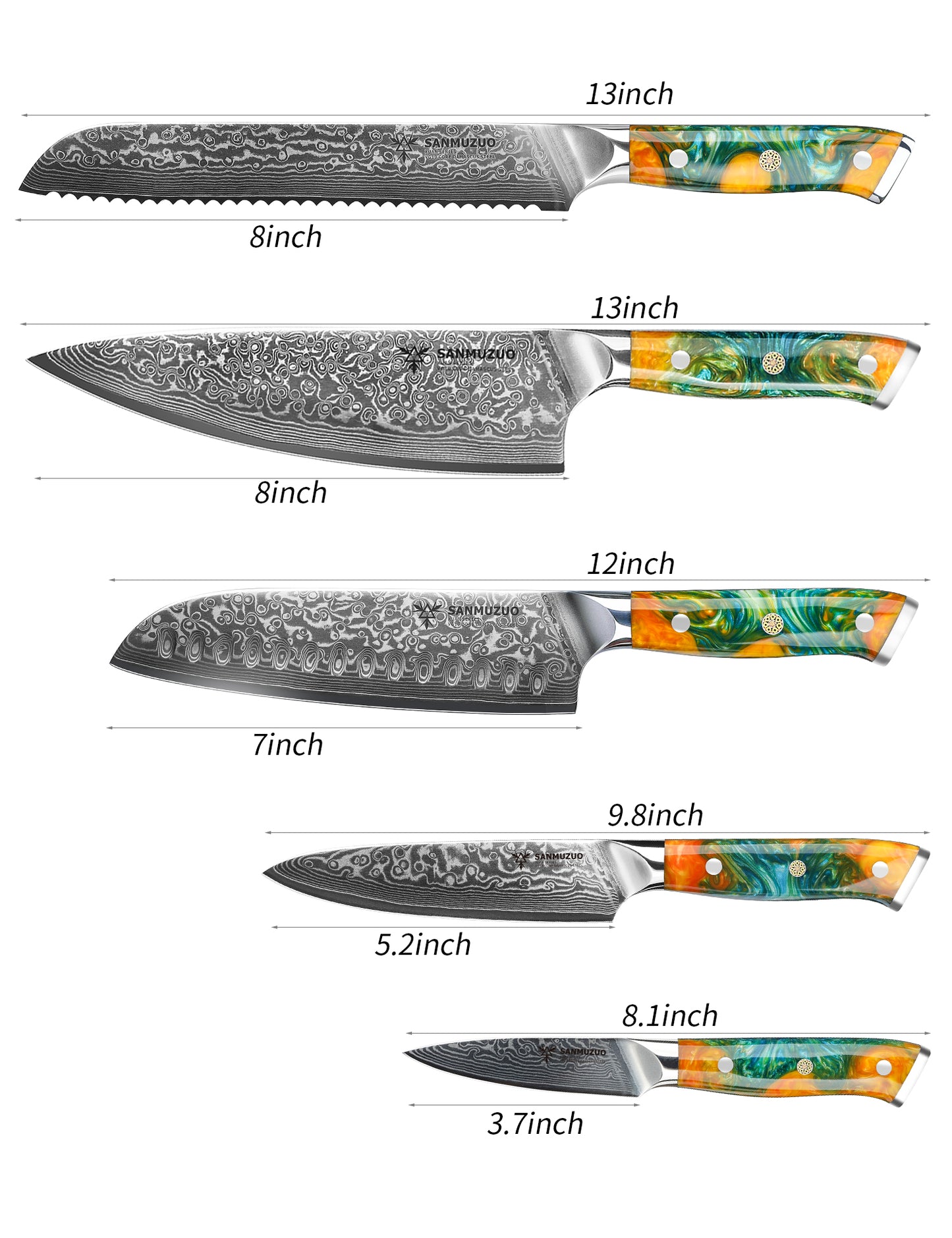 SANMUZUO Chef Cooking Knives Set- Kitchen Knife Set of 5 Piece - Ultra-Sharp VG10 Damascus Steel & Resin Handle - Xuan Series