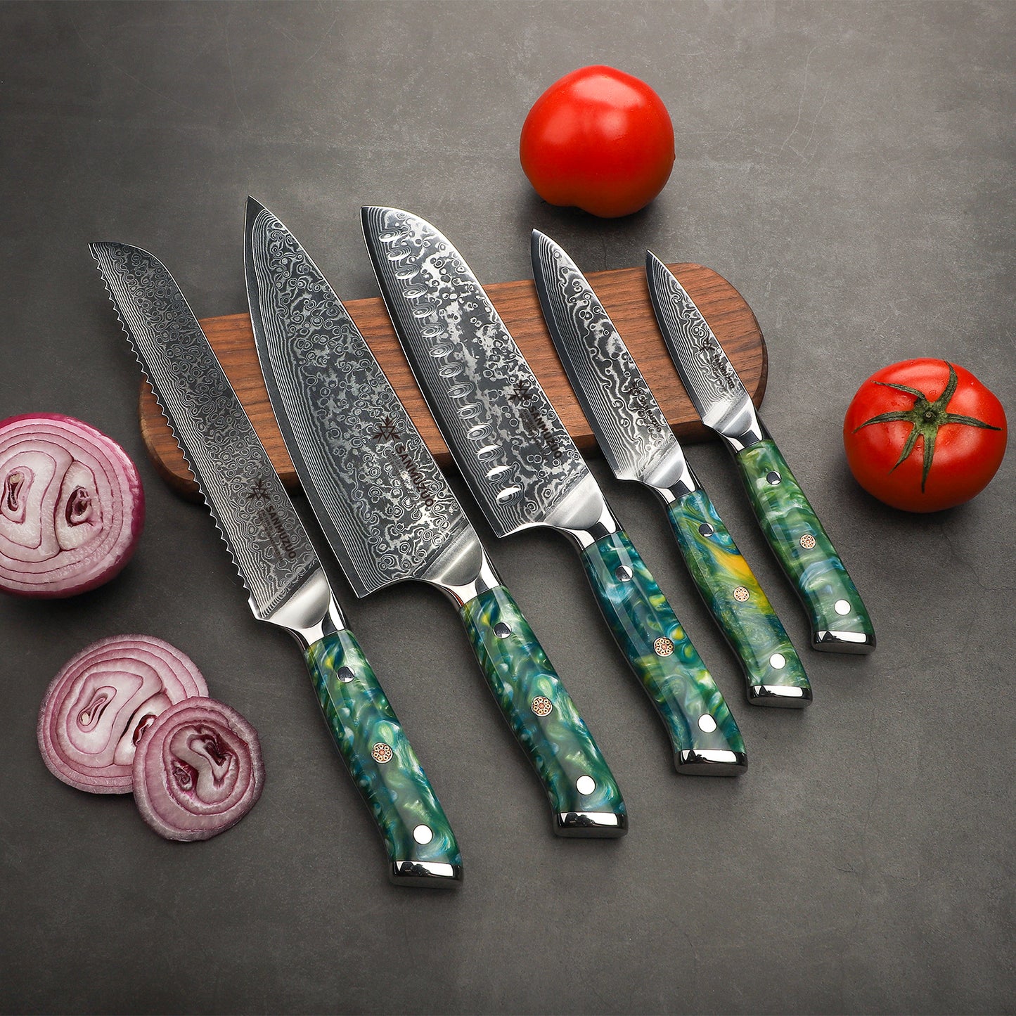 SANMUZUO Chef Cooking Knives Set- Kitchen Knife Set of 5 Piece - Ultra-Sharp VG10 Damascus Steel & Resin Handle - Xuan Series