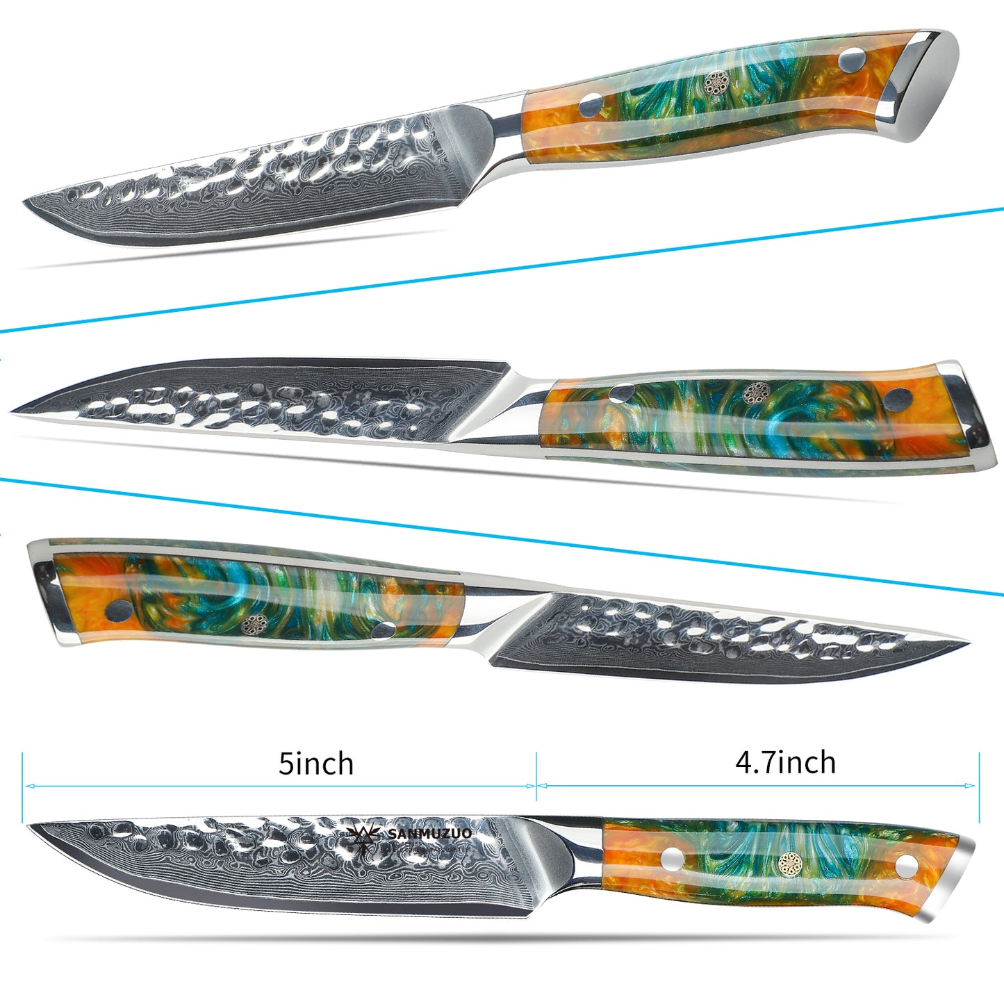 SANMUZUO Steak Knives Set of 4, Ultra Sharp Kitchen Steak Knife 5 Inch - Forged Damascus Steel & Resin Handle - Yao Series