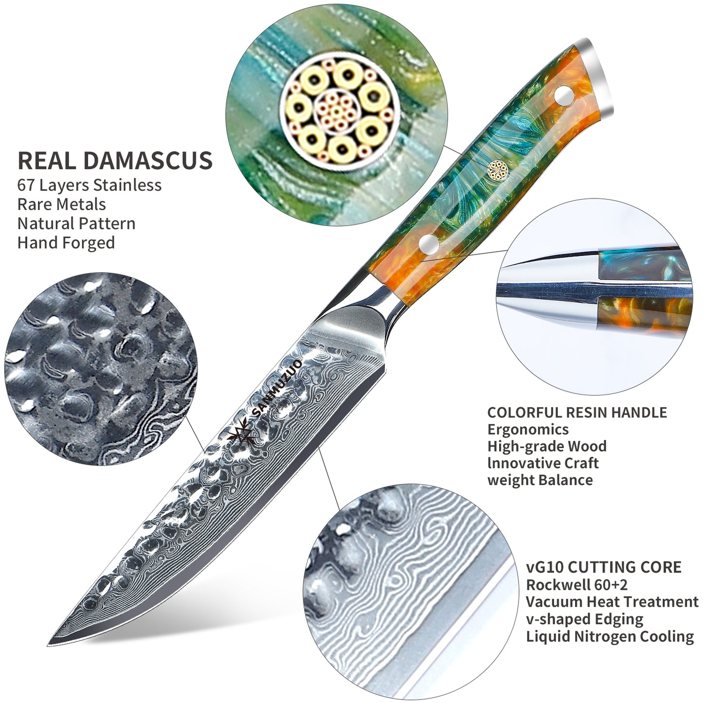 SANMUZUO Steak Knives Set of 4, Ultra Sharp Kitchen Steak Knife 5 Inch - Forged Damascus Steel & Resin Handle - Yao Series