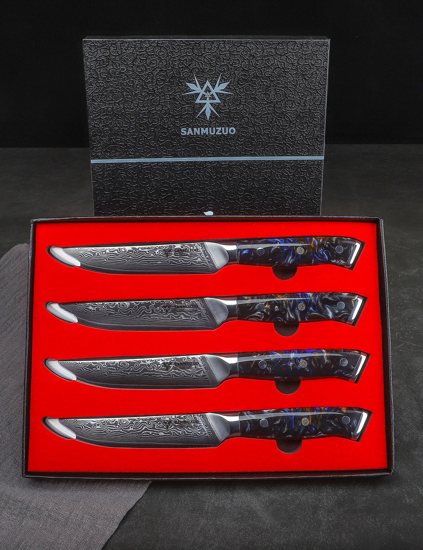 SANMUZUO Steak Knives Set of 4, Ultra Sharp Non Serrated Kitchen Steak Knife 5 Inch - Damascus Steel & Resin Handle - Xuan Series