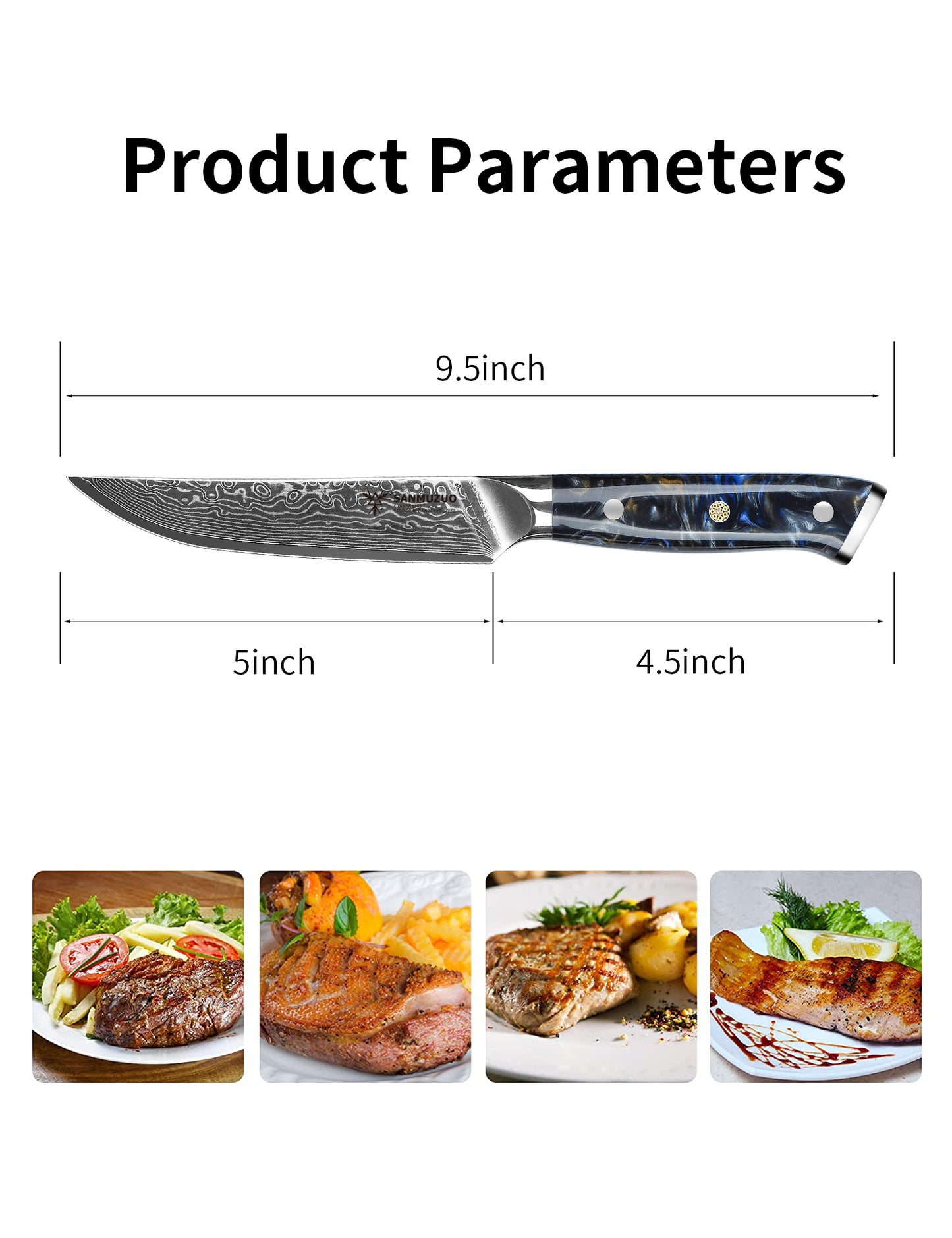 SANMUZUO Steak Knives Set of 4, Ultra Sharp Non Serrated Kitchen Steak Knife 5 Inch - Damascus Steel & Resin Handle - Xuan Series