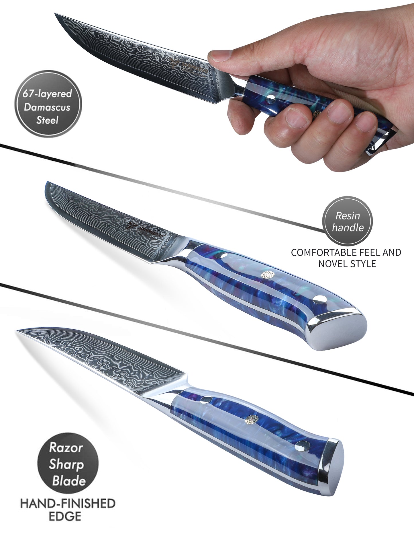 SANMUZUO Steak Knives Set of 4, Ultra Sharp Non Serrated Kitchen Steak Knife 5 Inch - Damascus Steel & Resin Handle - Xuan Series