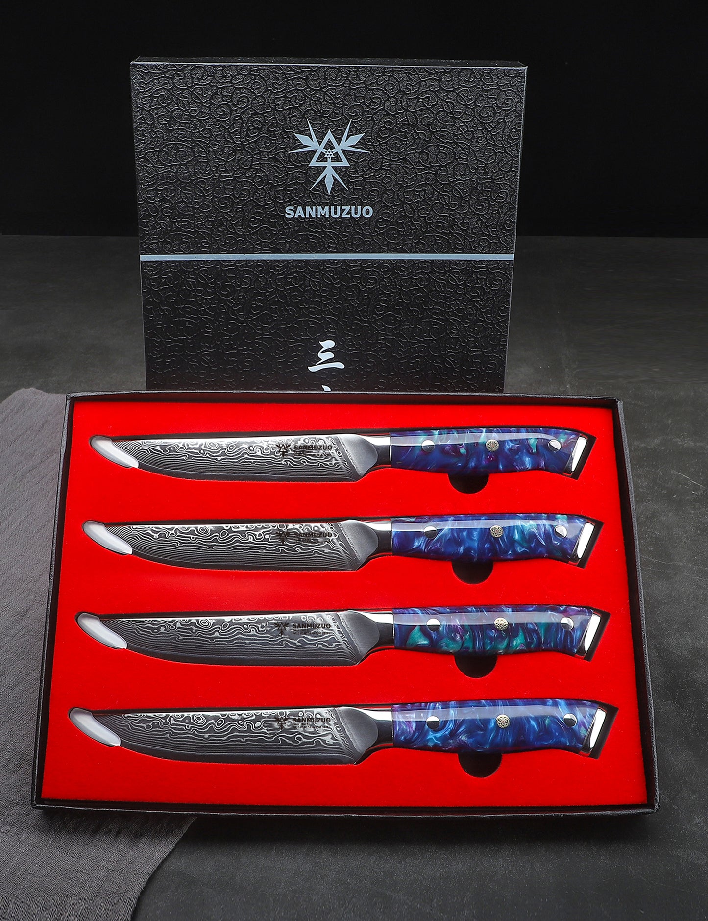 SANMUZUO Steak Knives Set of 4, Ultra Sharp Non Serrated Kitchen Steak Knife 5 Inch - Damascus Steel & Resin Handle - Xuan Series