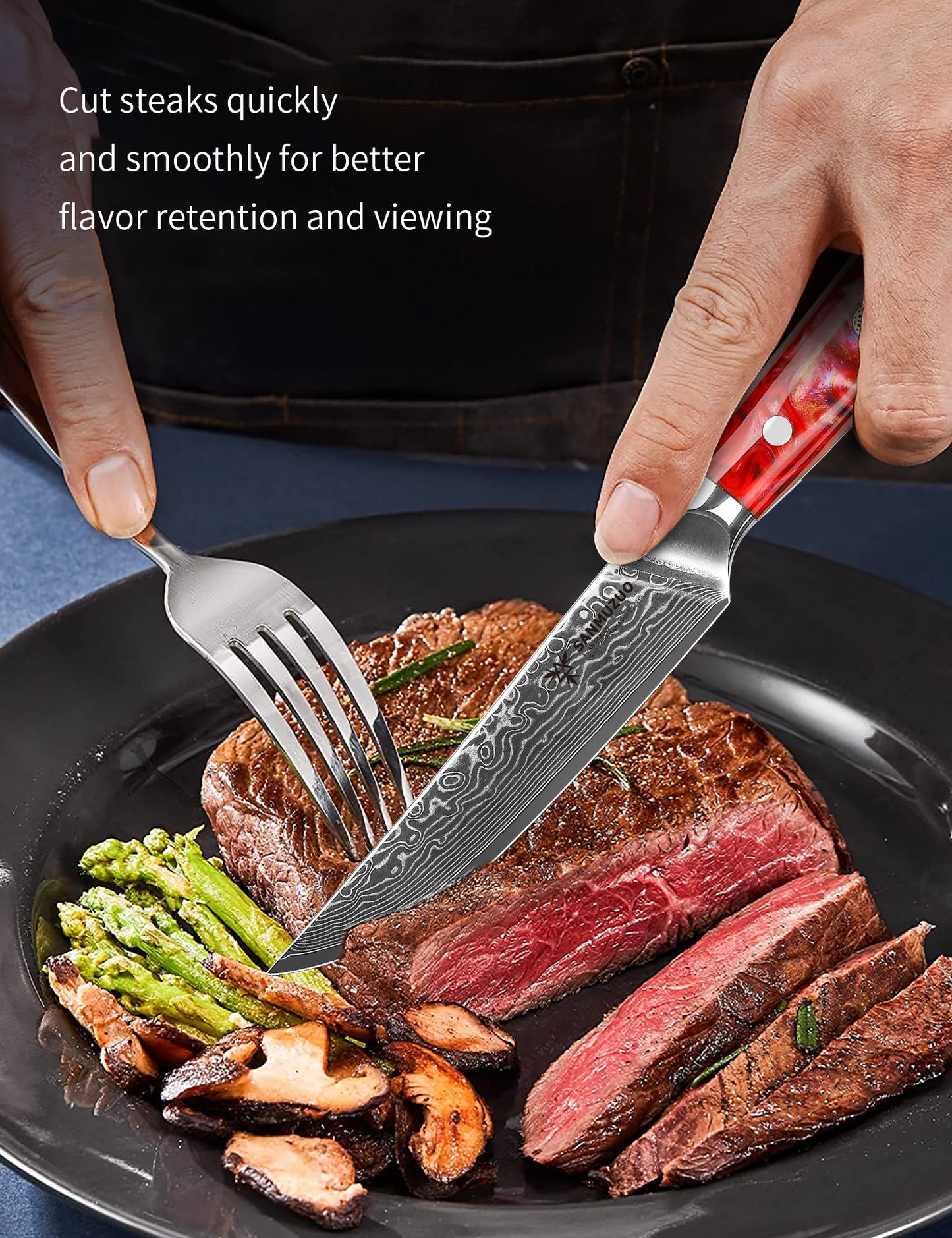 SANMUZUO Steak Knives Set of 4, Ultra Sharp Non Serrated Kitchen Steak Knife 5 Inch - Damascus Steel & Resin Handle - Xuan Series