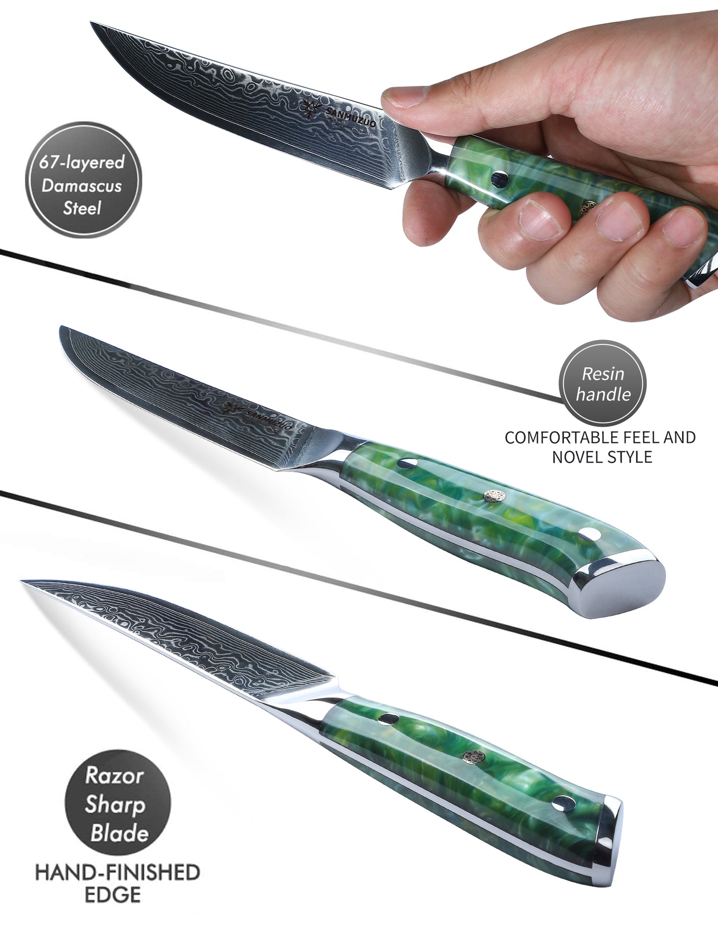 SANMUZUO Steak Knives Set of 4, Ultra Sharp Non Serrated Kitchen Steak Knife 5 Inch - Damascus Steel & Resin Handle - Xuan Series