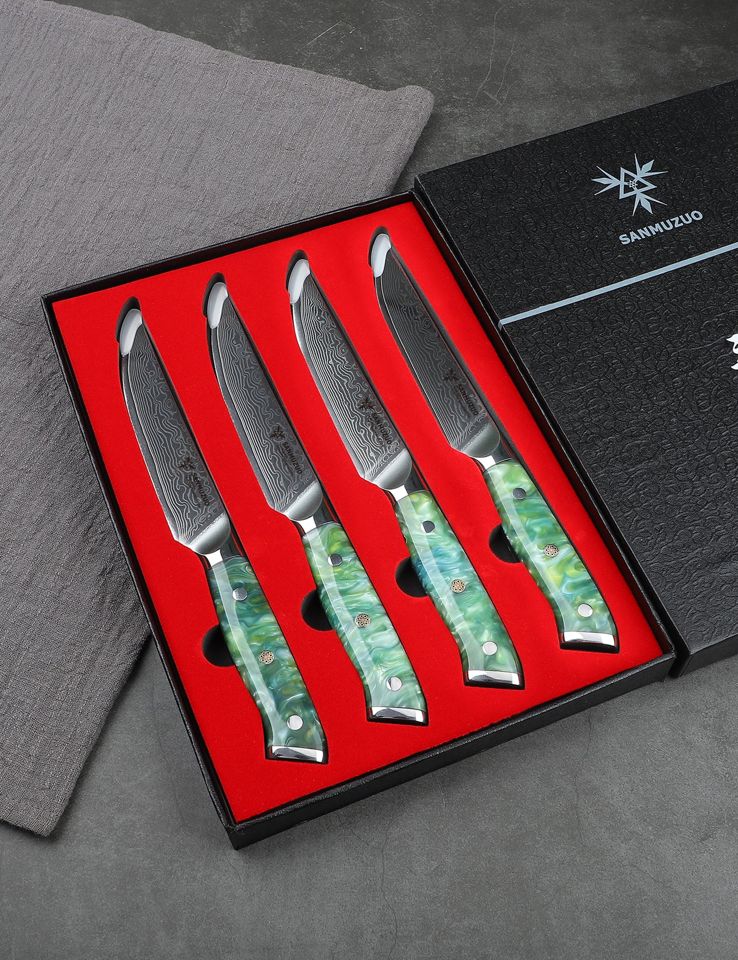 SANMUZUO Steak Knives Set of 4, Ultra Sharp Non Serrated Kitchen Steak Knife 5 Inch - Damascus Steel & Resin Handle - Xuan Series