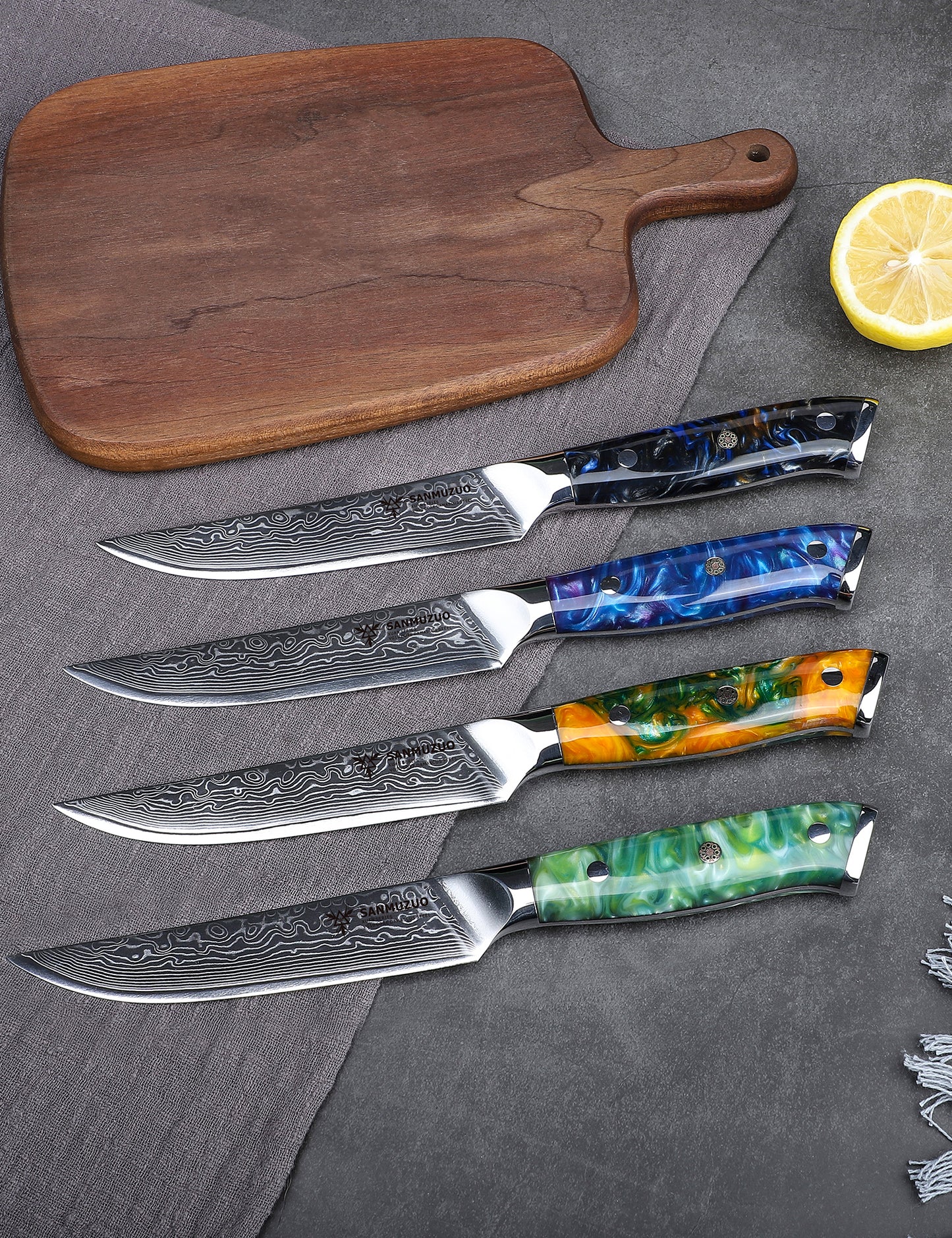 SANMUZUO Steak Knives Set of 4, Ultra Sharp Non Serrated Kitchen Steak Knife 5 Inch - Damascus Steel & Resin Handle - Xuan Series