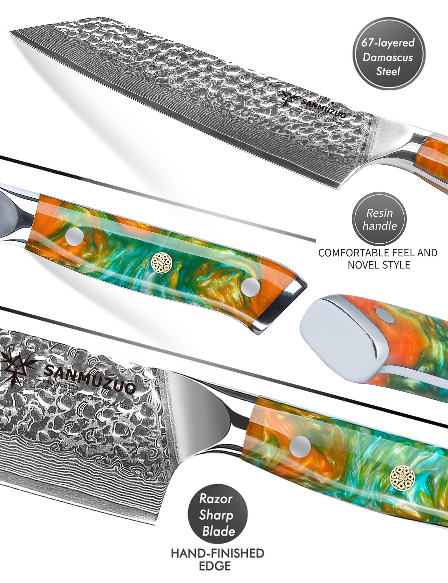 SANMUZUO 8.5" Kiritsuke Knife - Professional Kitchen Chef Knife - Hammered Damascus Steel & Resin Handle - YAO Series