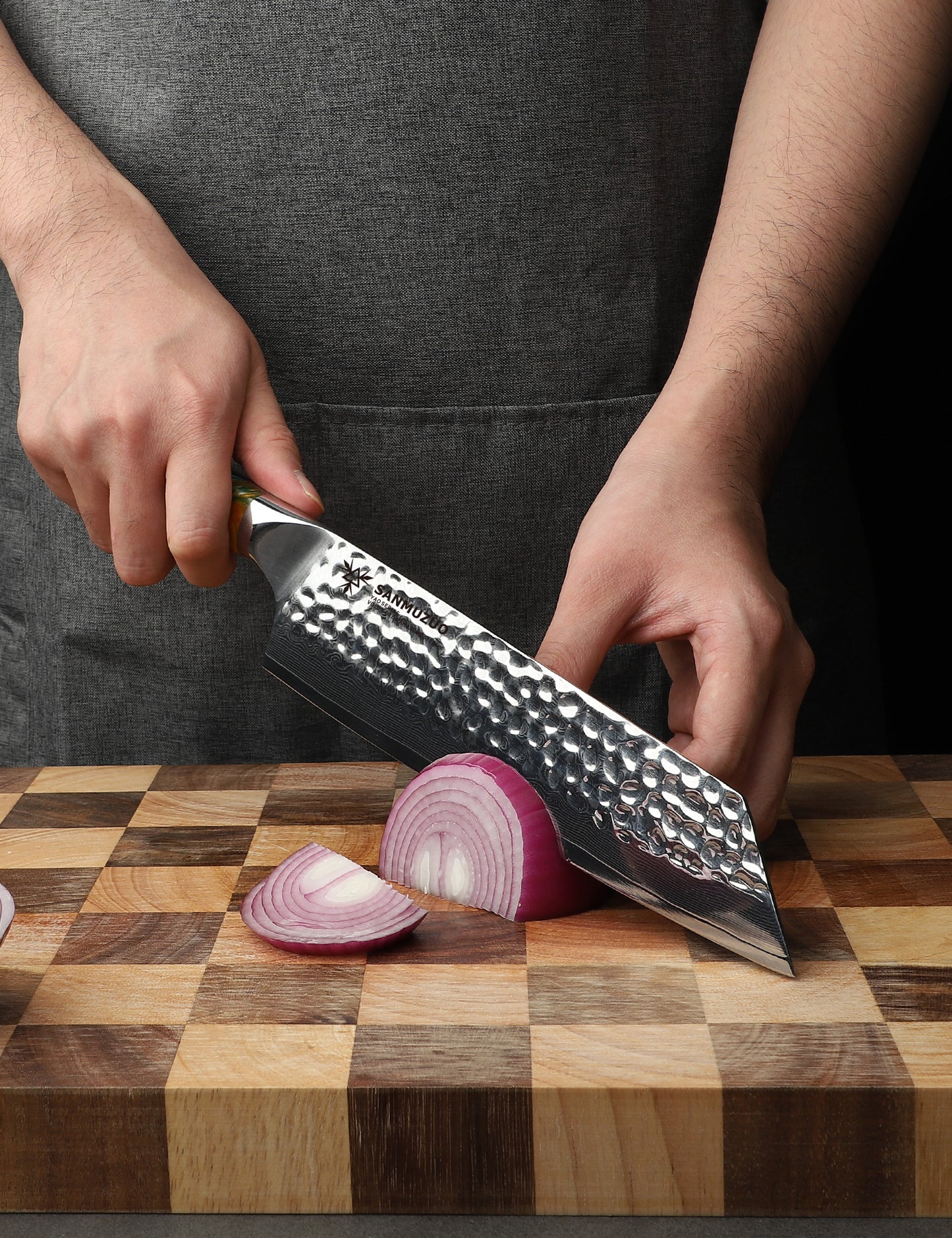 SANMUZUO 8.5" Kiritsuke Knife - Professional Kitchen Chef Knife - Hammered Damascus Steel & Resin Handle - YAO Series