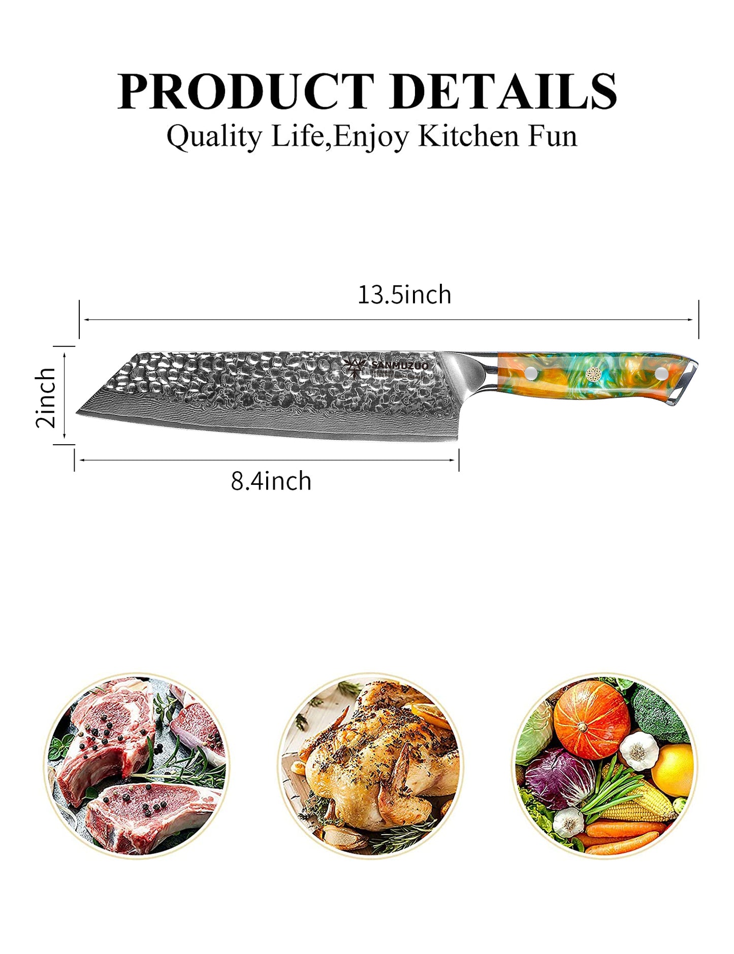 SANMUZUO 8.5" Kiritsuke Knife - Professional Kitchen Chef Knife - Hammered Damascus Steel & Resin Handle - YAO Series