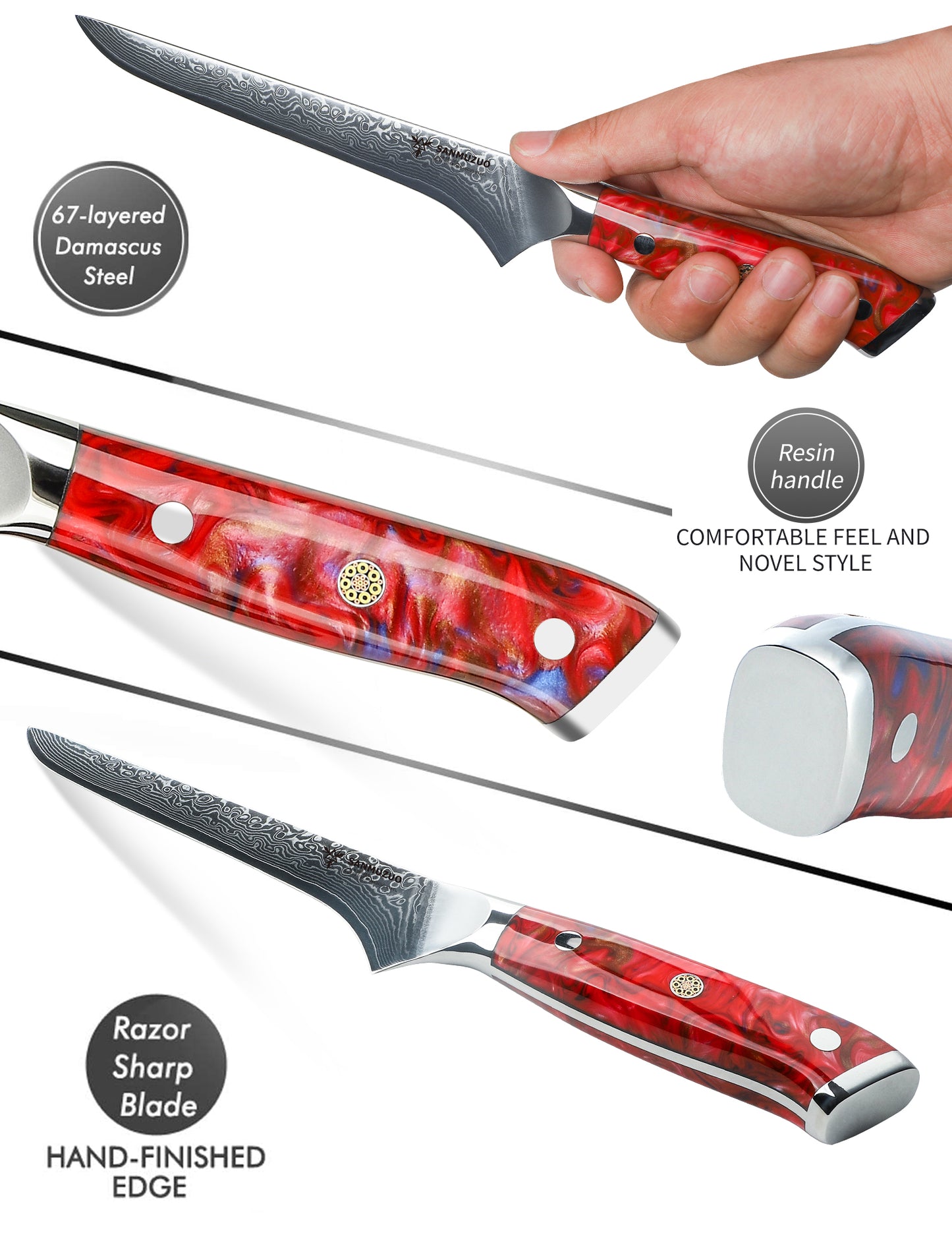 SANMUZUO Bonning Knife - 7 inch Fillet Knife - Xuan Series - VG10 Damascus Steel Kitchen Meat Cutting Knife - Resin Handle