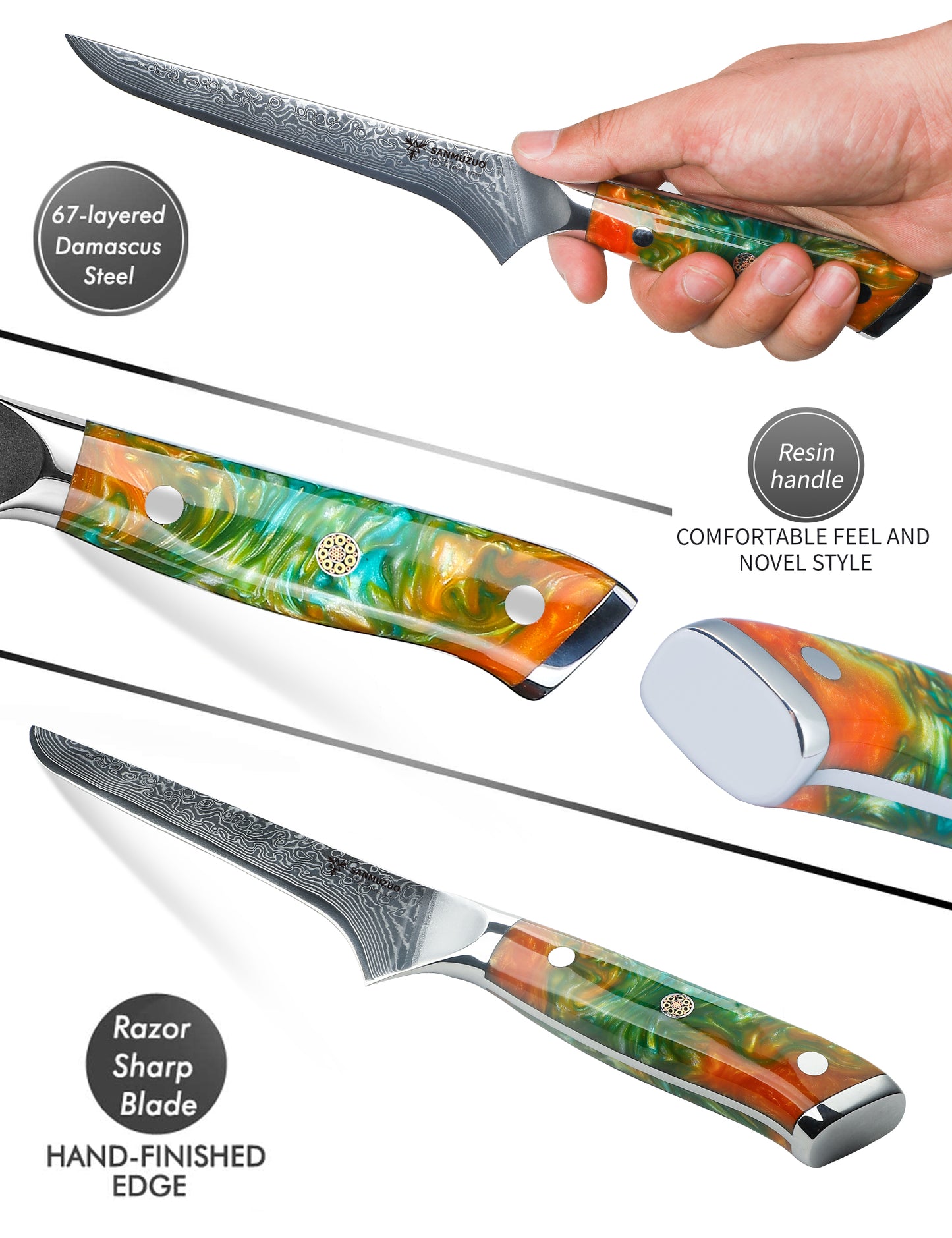 SANMUZUO Bonning Knife - 7 inch Fillet Knife - Xuan Series - VG10 Damascus Steel Kitchen Meat Cutting Knife - Resin Handle