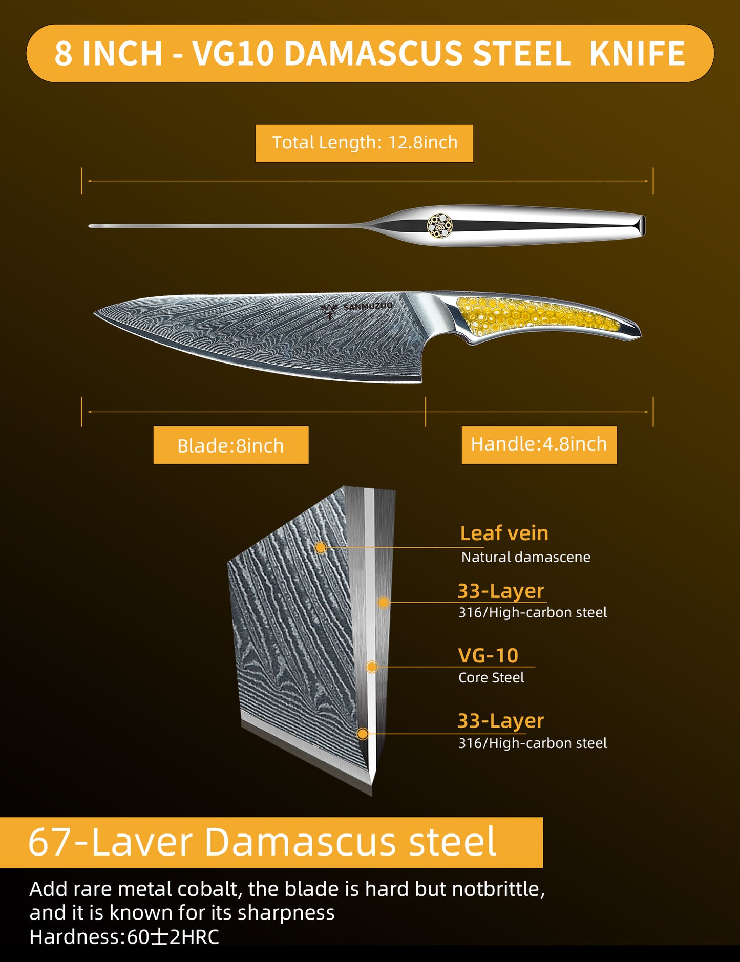 SANMUZUO 8 inch Chef Knife, Japanese VG-10 Damascus Steel Kitchen Knife, Ultra Sharp Cooking Knife with Full-tang Handle in Honeycomb Resin, LA-S9 Series